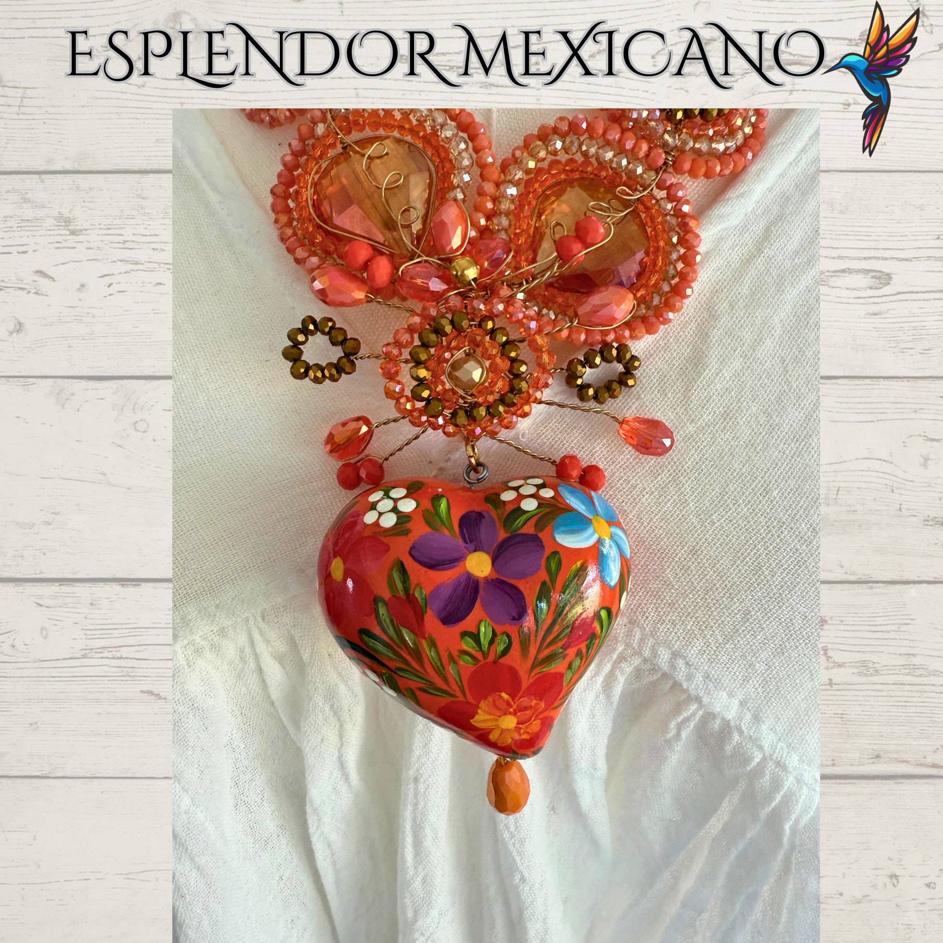 🧡 Hand-Painted Floral Heart Necklace Set – Orange & Gold