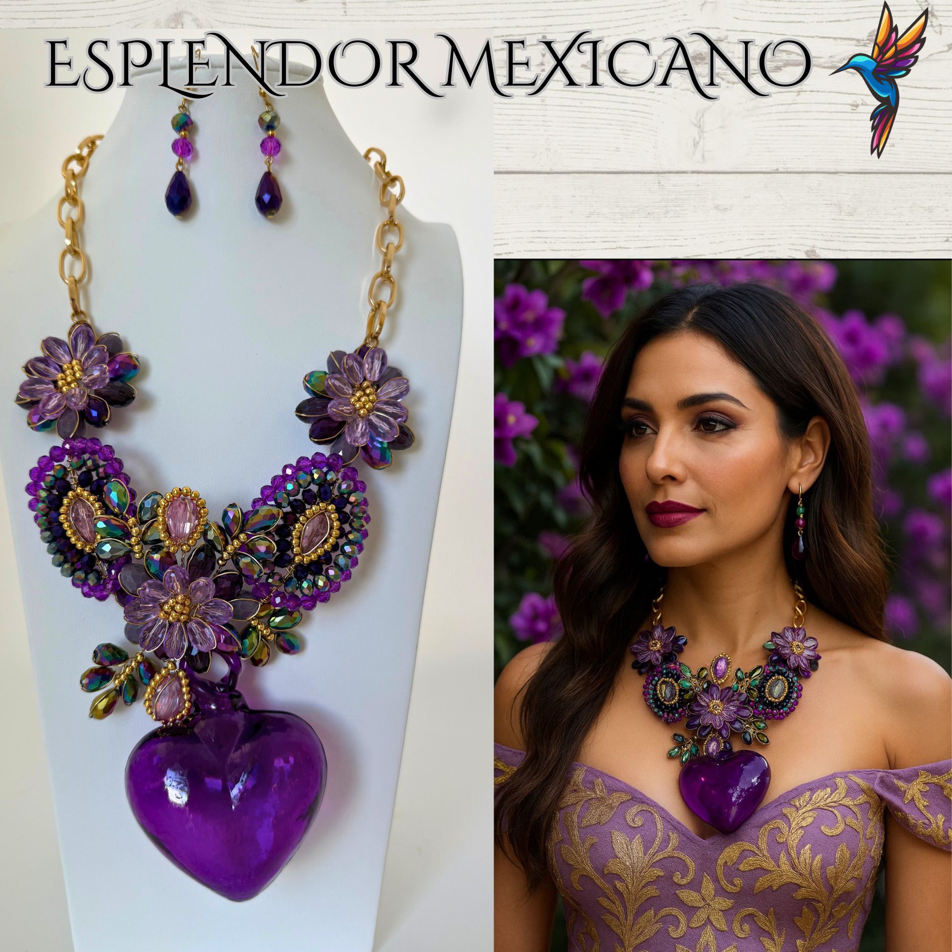 💜✨ Purple Hand-Blown Glass Heart Necklace Set – Handmade in Mexico