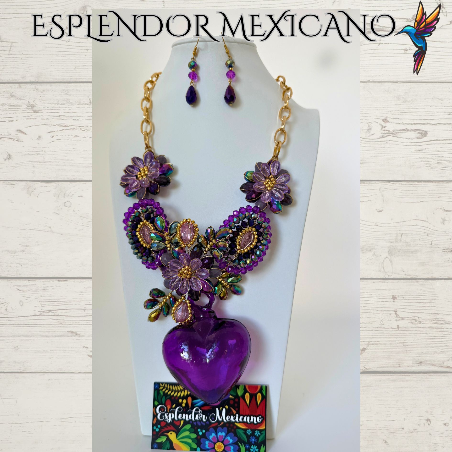 💜✨ Purple Hand-Blown Glass Heart Necklace Set – Handmade in Mexico