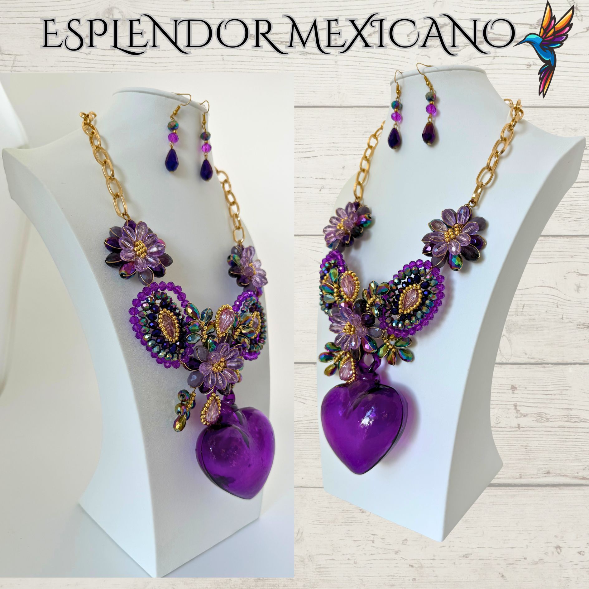 💜✨ Purple Hand-Blown Glass Heart Necklace Set – Handmade in Mexico