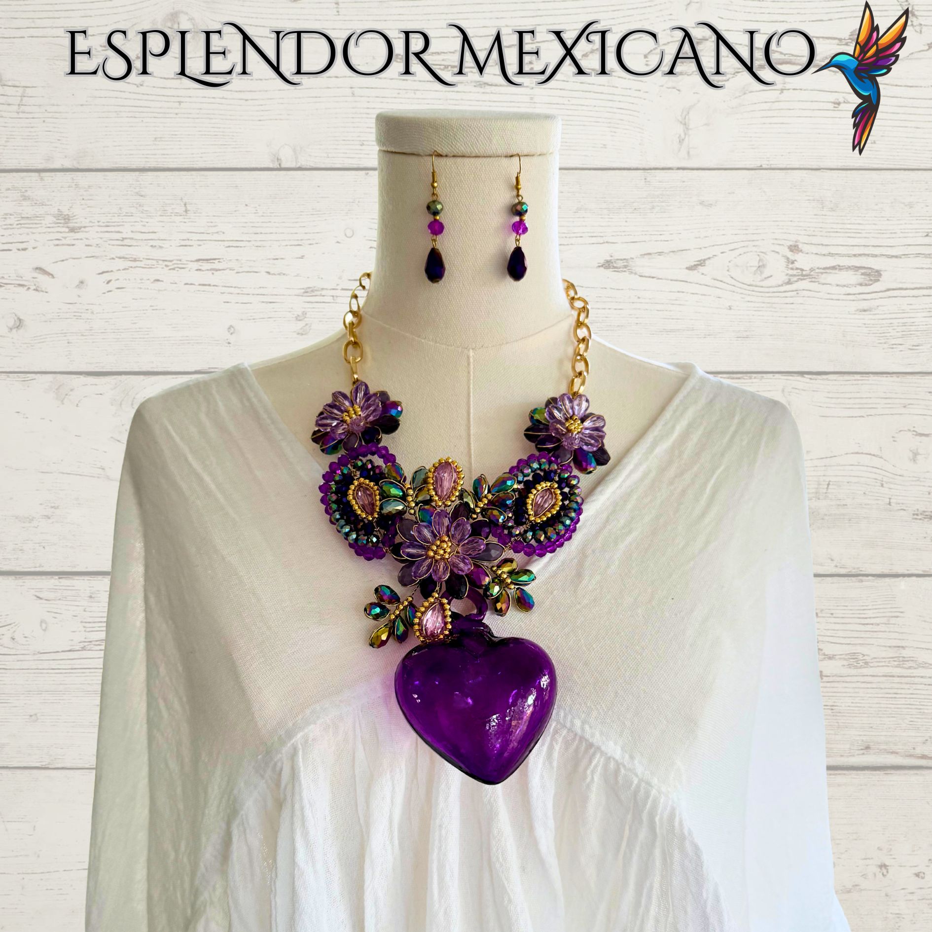 💜✨ Purple Hand-Blown Glass Heart Necklace Set – Handmade in Mexico