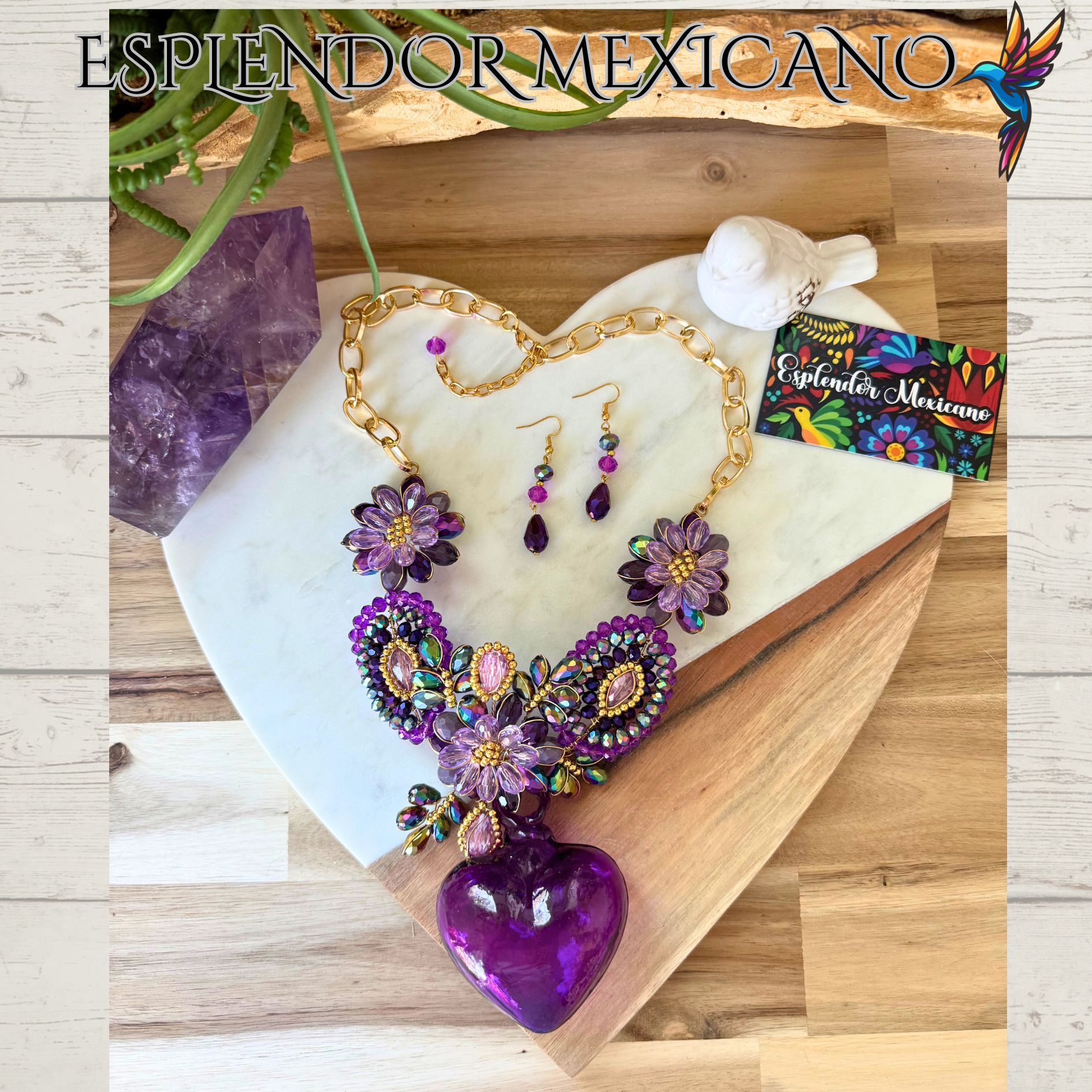 💜✨ Purple Hand-Blown Glass Heart Necklace Set – Handmade in Mexico