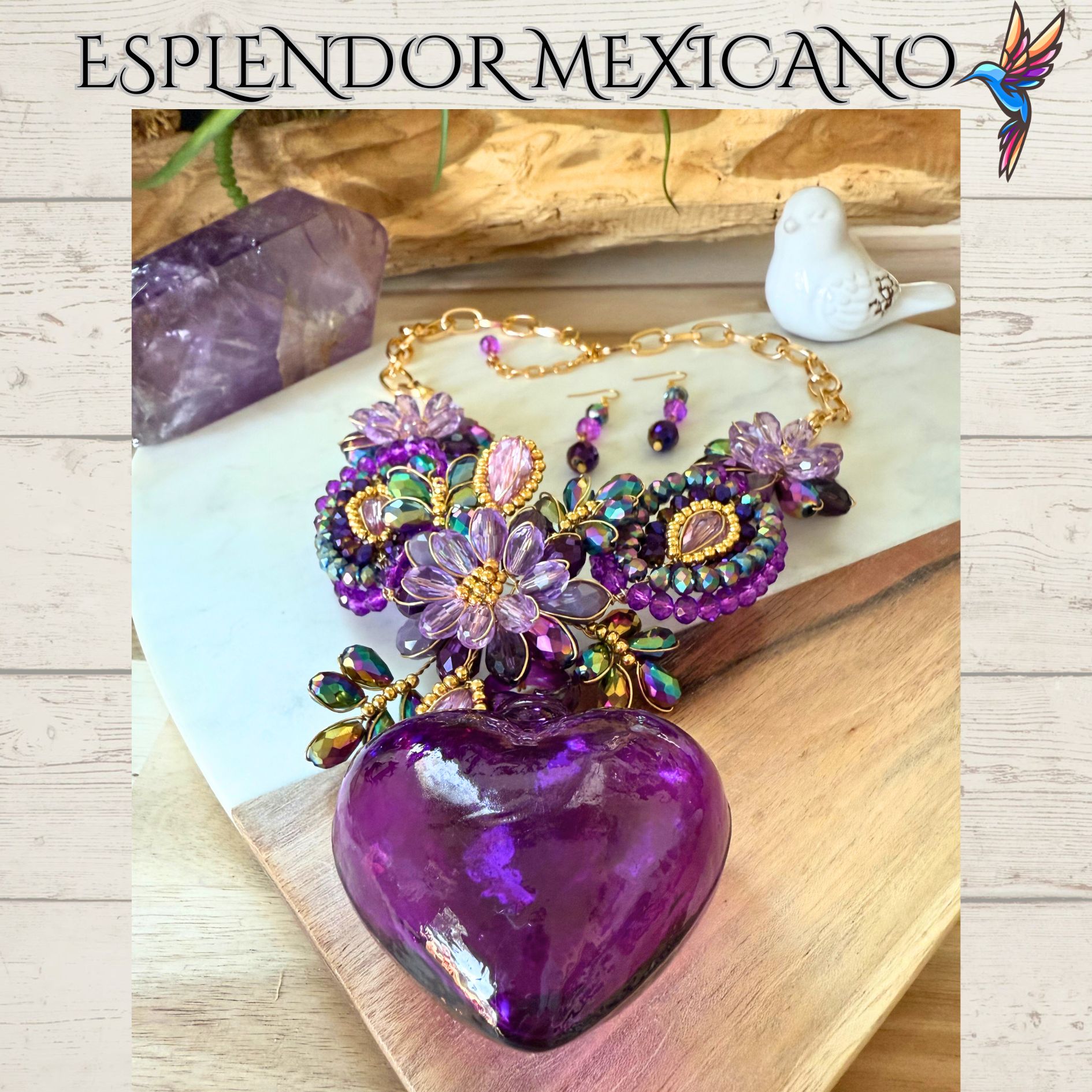 💜✨ Purple Hand-Blown Glass Heart Necklace Set – Handmade in Mexico