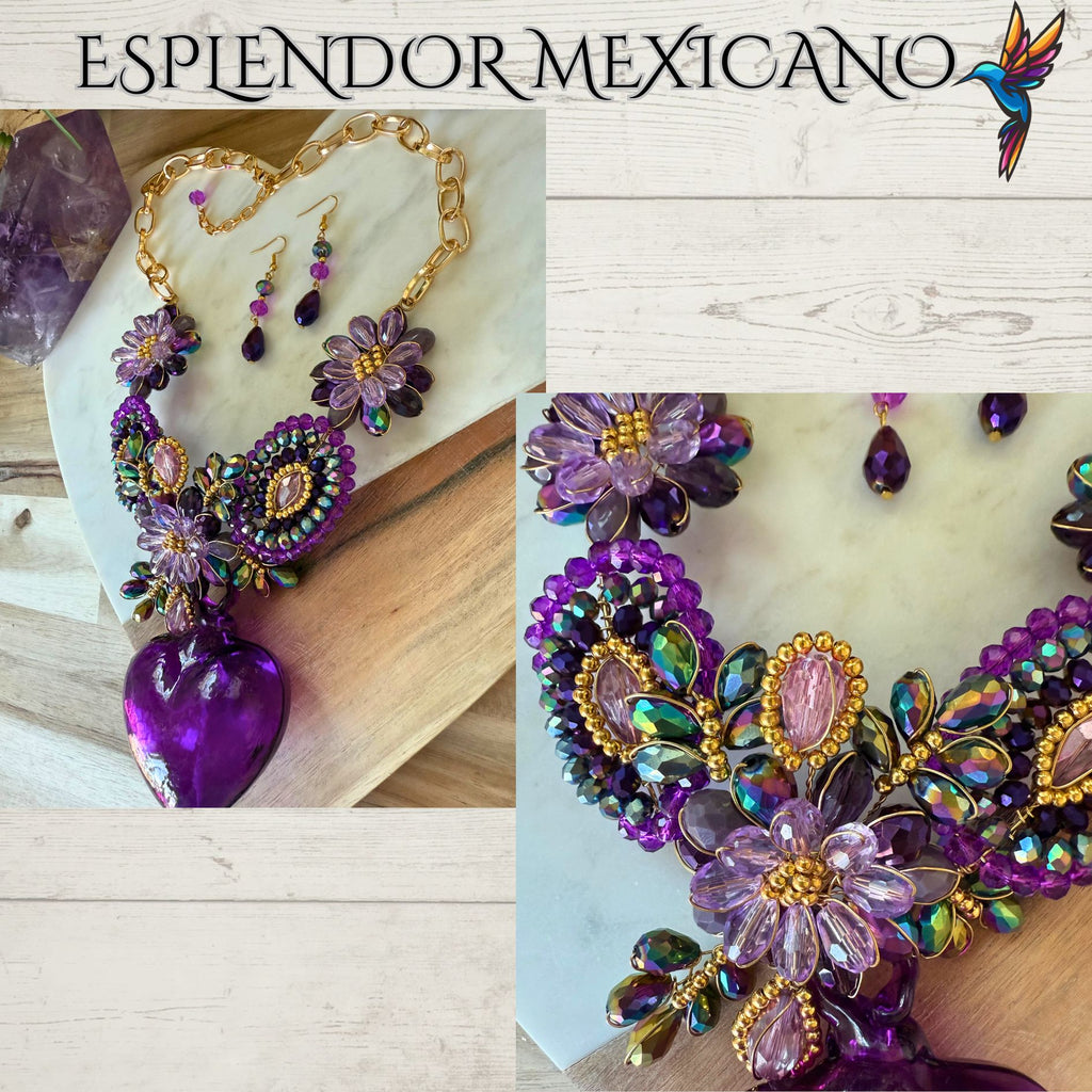 💜✨ Purple Hand-Blown Glass Heart Necklace Set – Handmade in Mexico