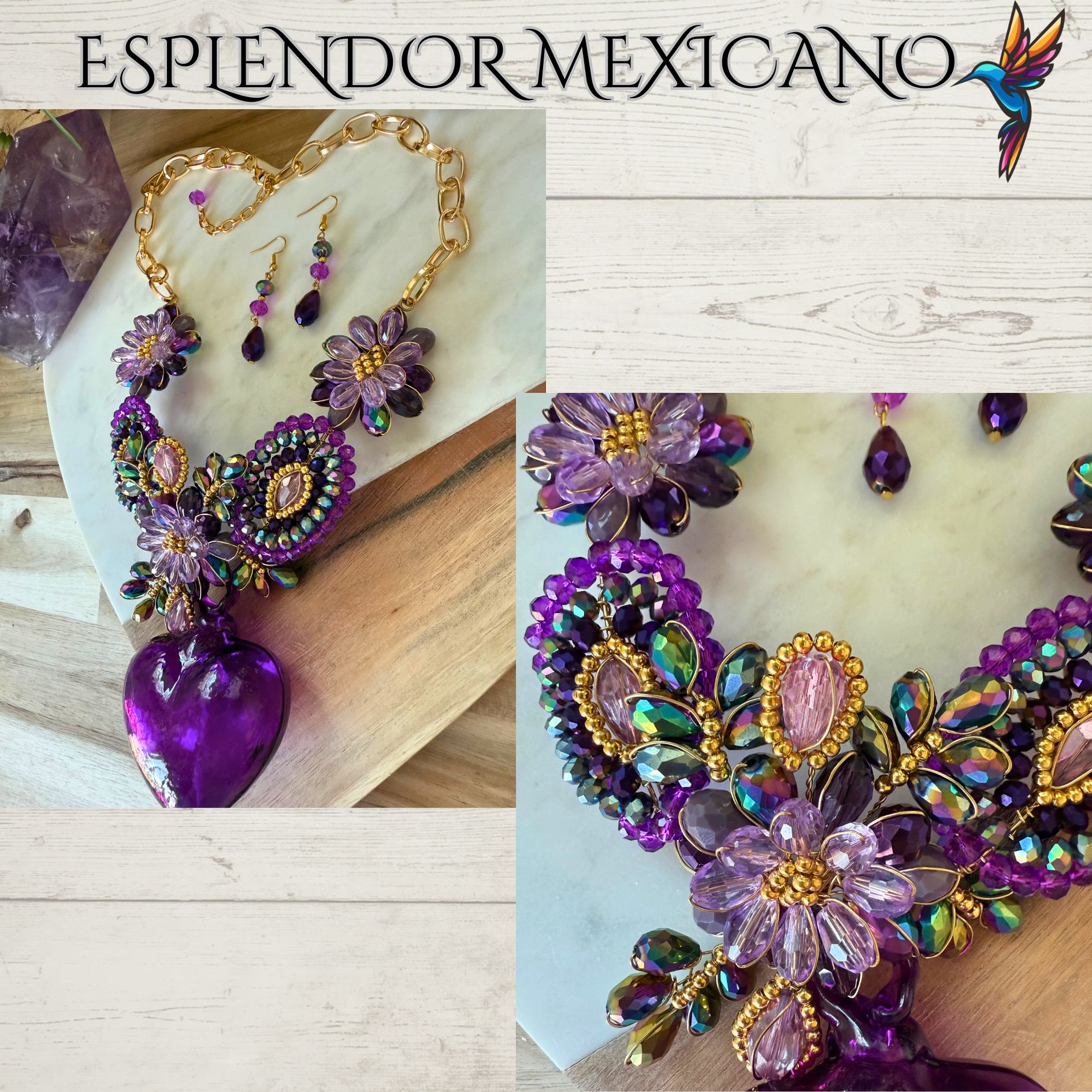 💜✨ Purple Hand-Blown Glass Heart Necklace Set – Handmade in Mexico