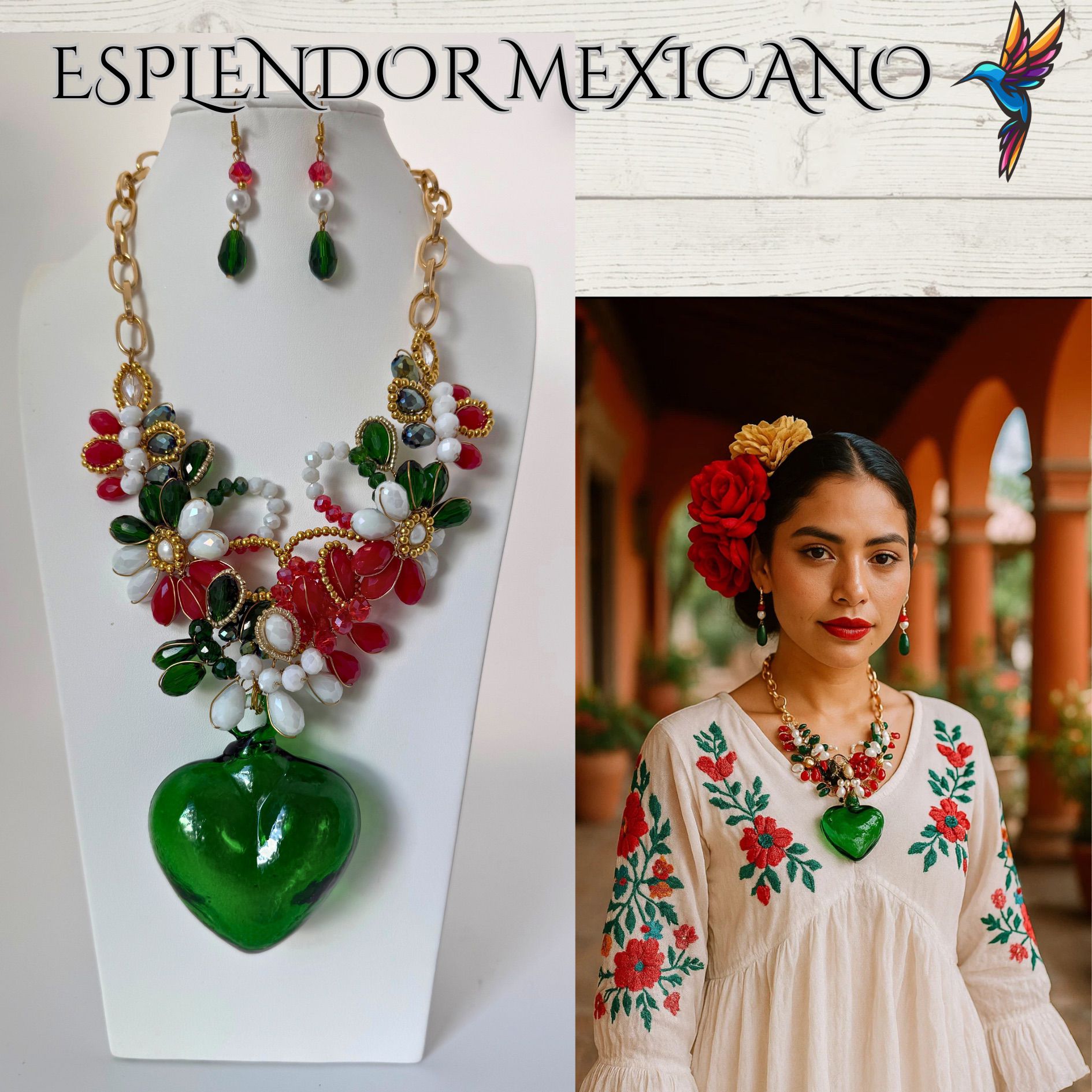 Mexican Flag Hand-Blown Glass Heart Necklace Set – Handmade in Mexico