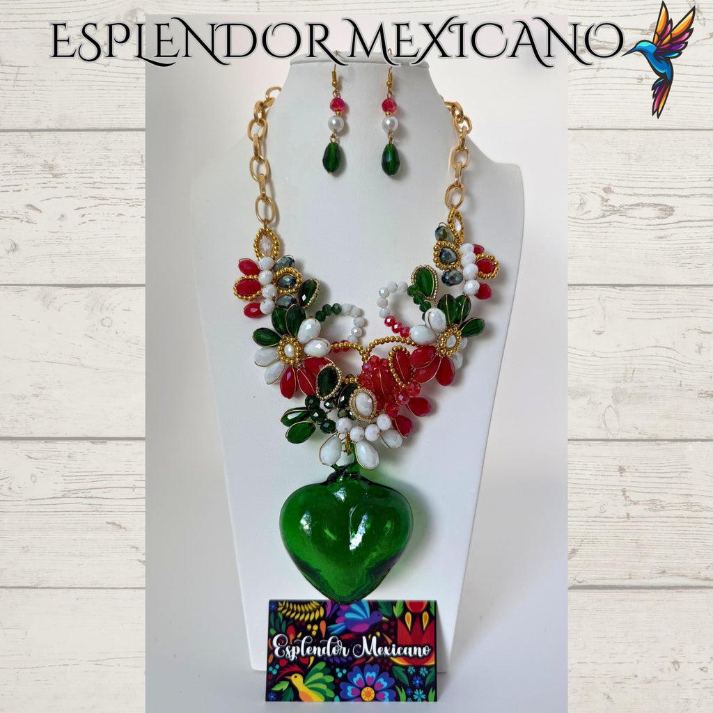 Mexican Flag Hand-Blown Glass Heart Necklace Set – Handmade in Mexico