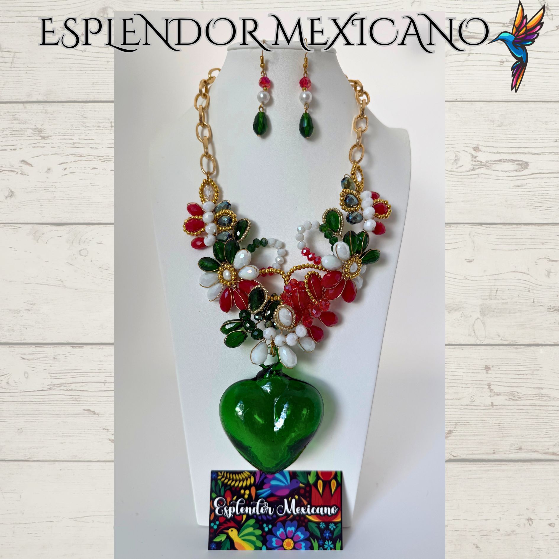 Mexican Flag Hand-Blown Glass Heart Necklace Set – Handmade in Mexico