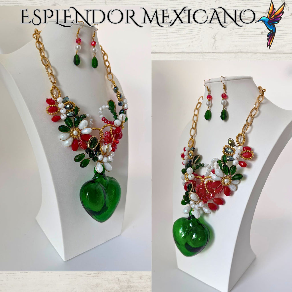 Mexican Flag Hand-Blown Glass Heart Necklace Set – Handmade in Mexico