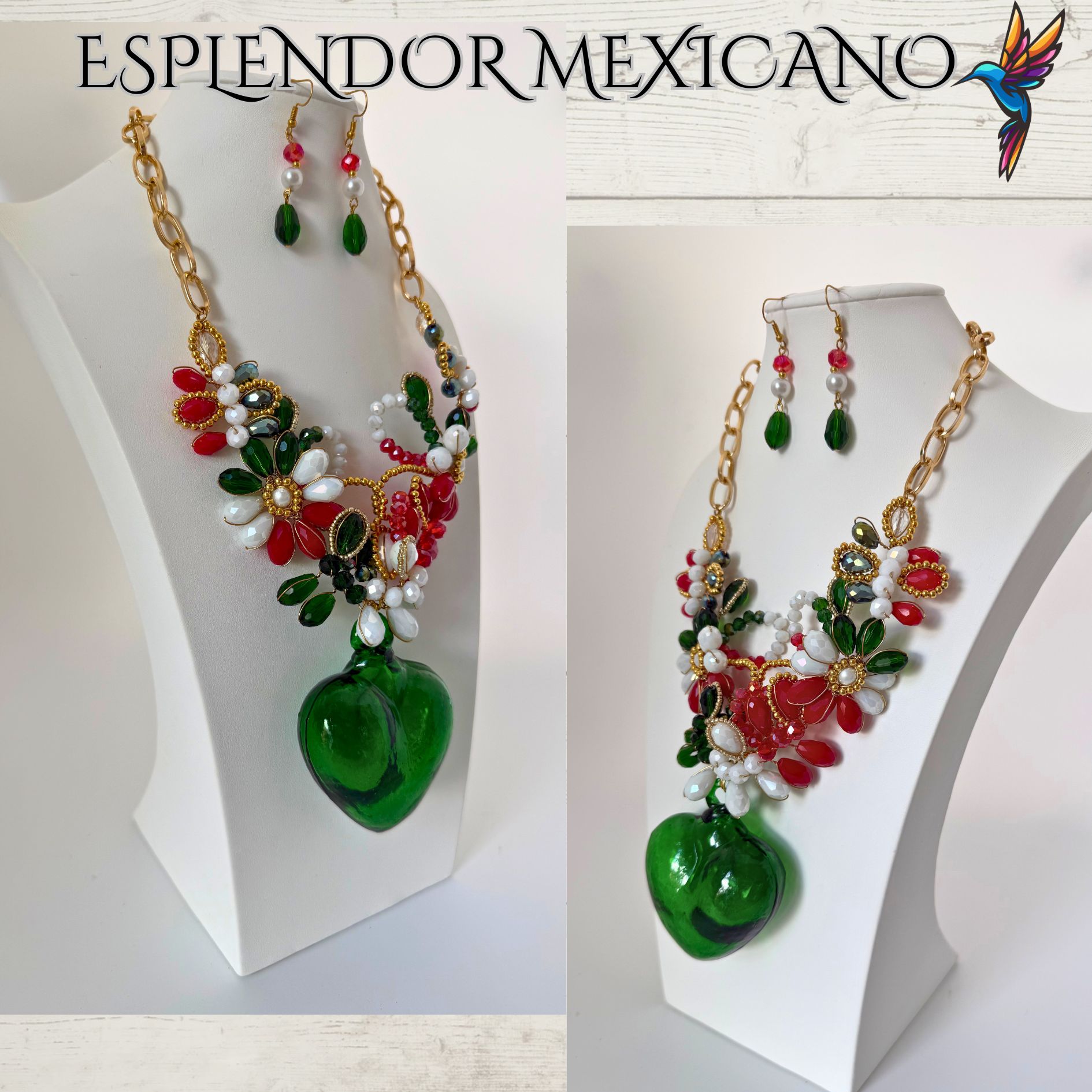 Mexican Flag Hand-Blown Glass Heart Necklace Set – Handmade in Mexico