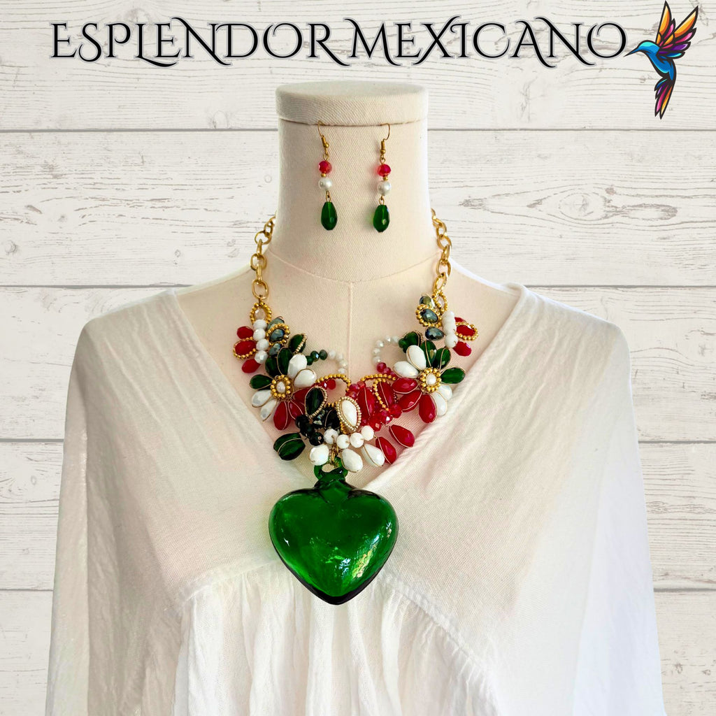 Mexican Flag Hand-Blown Glass Heart Necklace Set – Handmade in Mexico