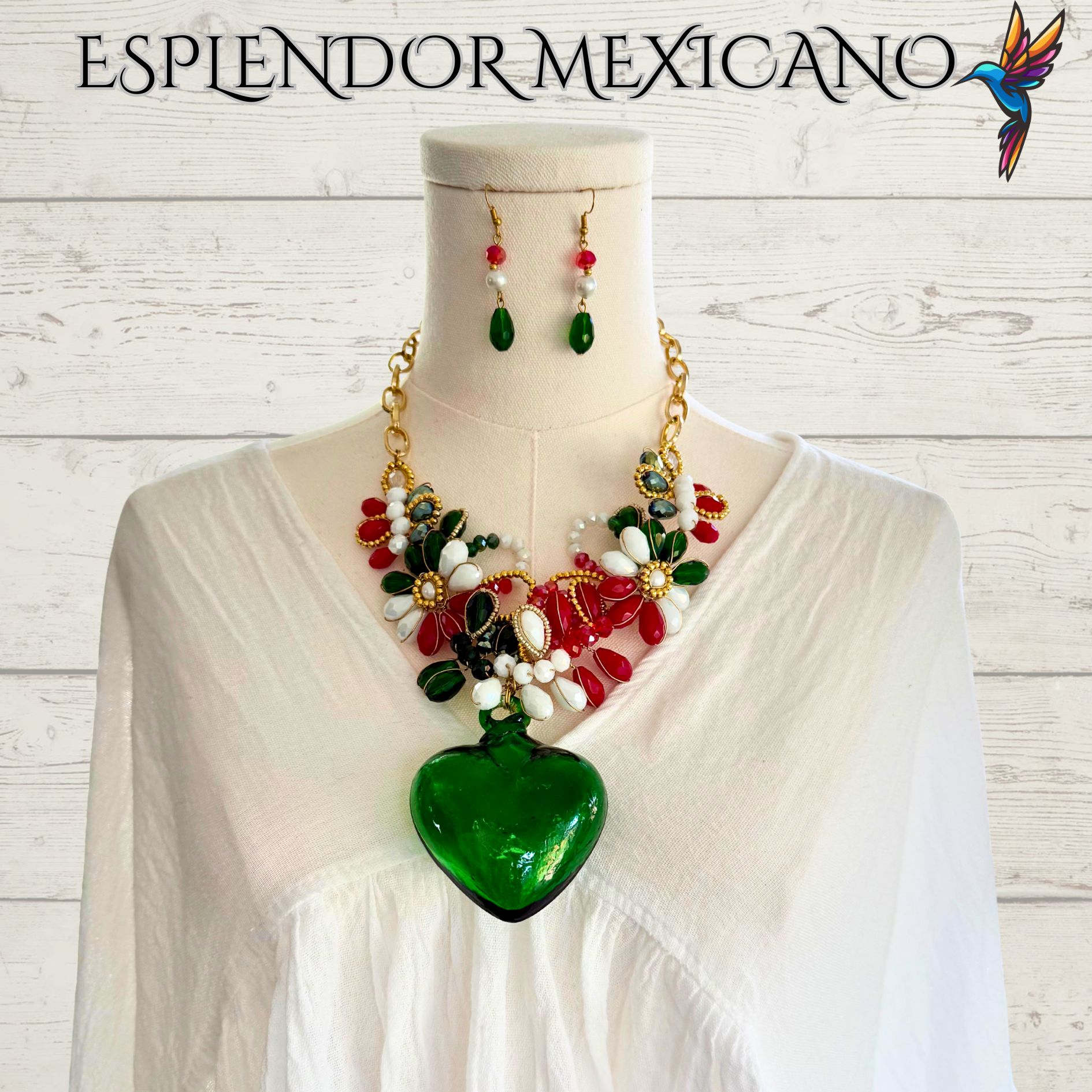 Mexican Flag Hand-Blown Glass Heart Necklace Set – Handmade in Mexico