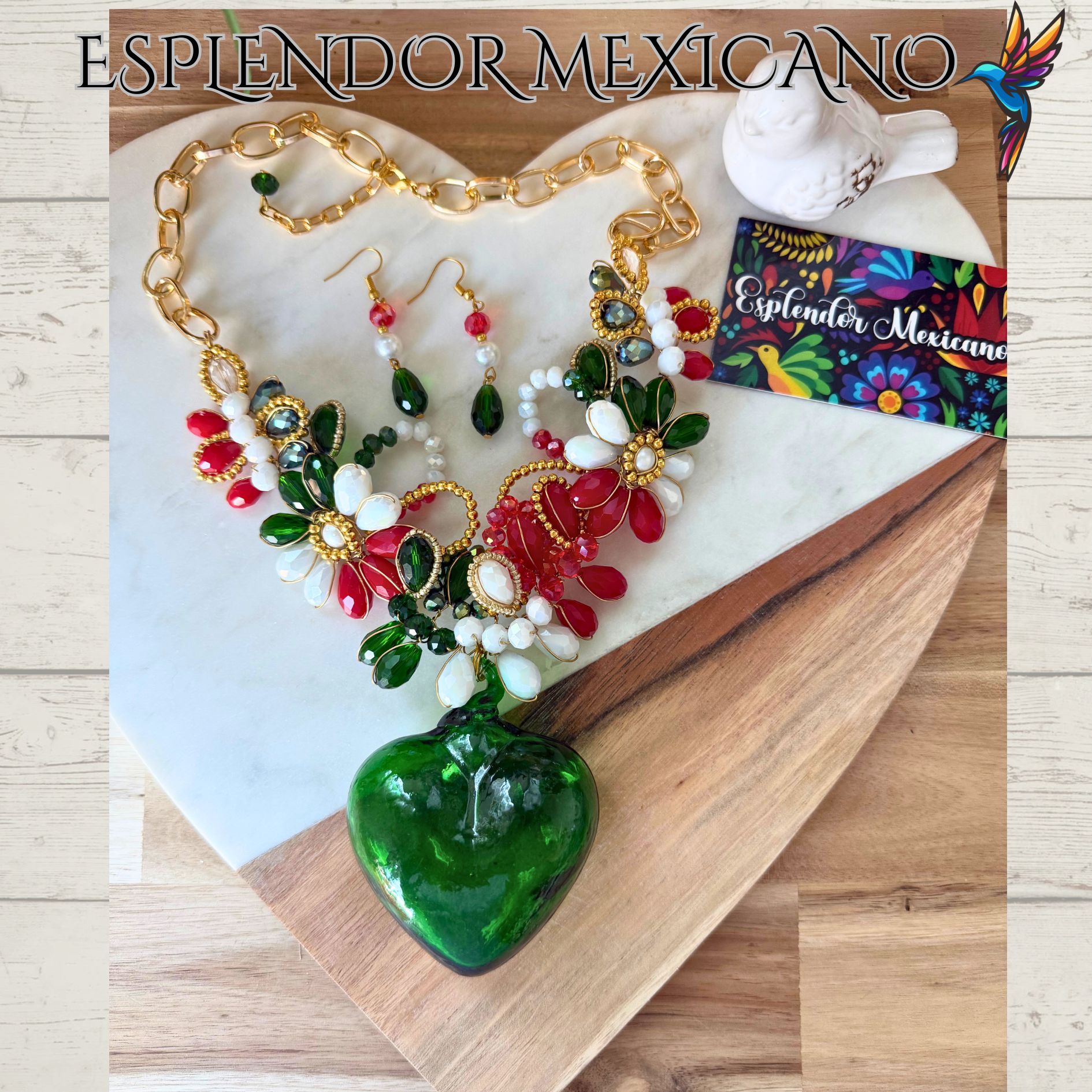 Mexican Flag Hand-Blown Glass Heart Necklace Set – Handmade in Mexico