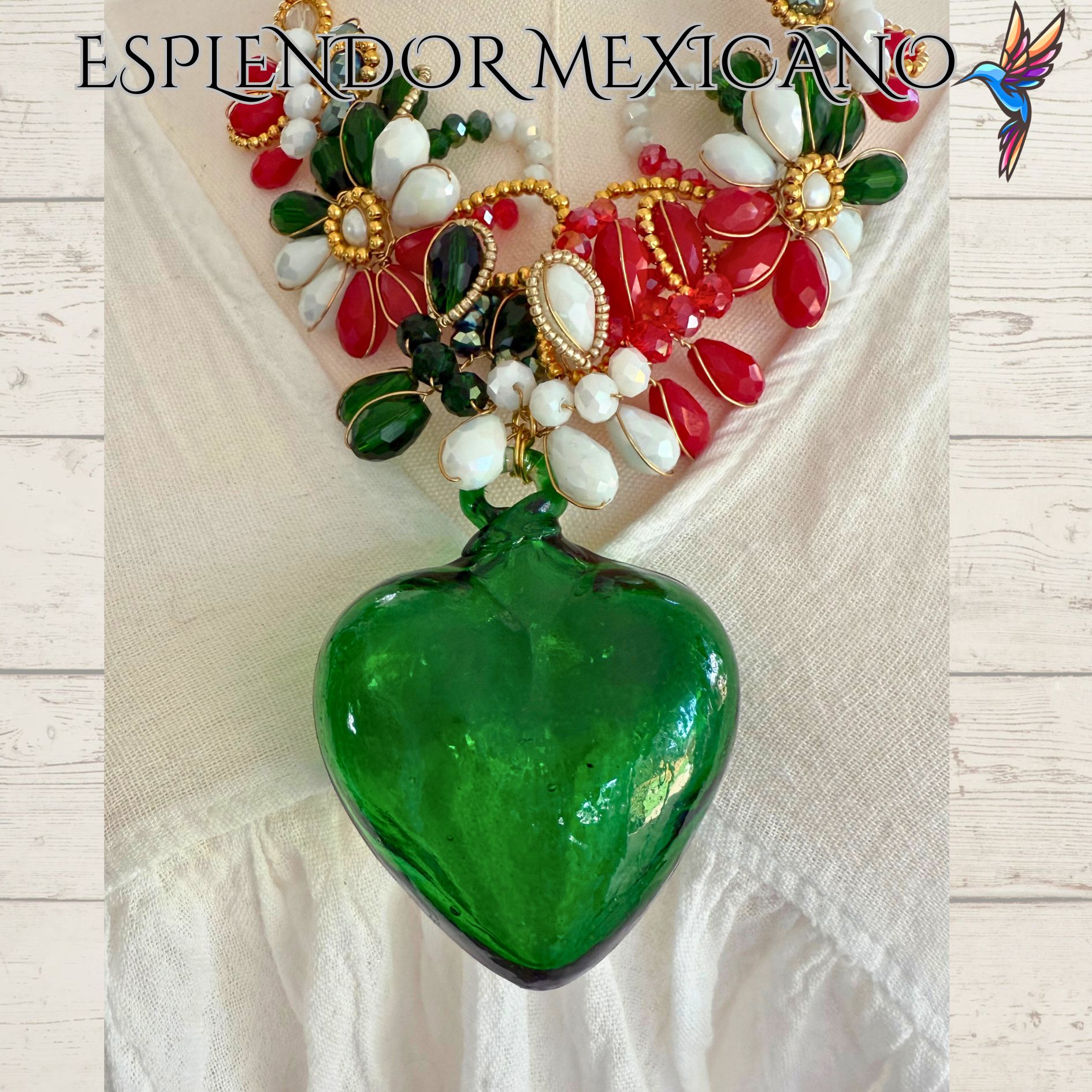 Mexican Flag Hand-Blown Glass Heart Necklace Set – Handmade in Mexico
