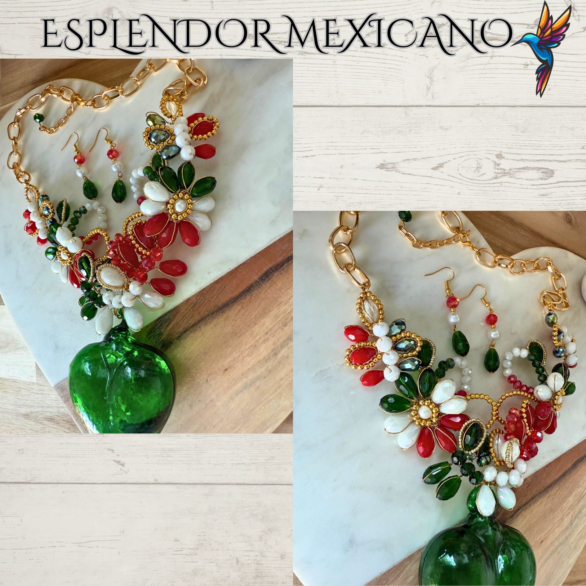 Mexican Flag Hand-Blown Glass Heart Necklace Set – Handmade in Mexico