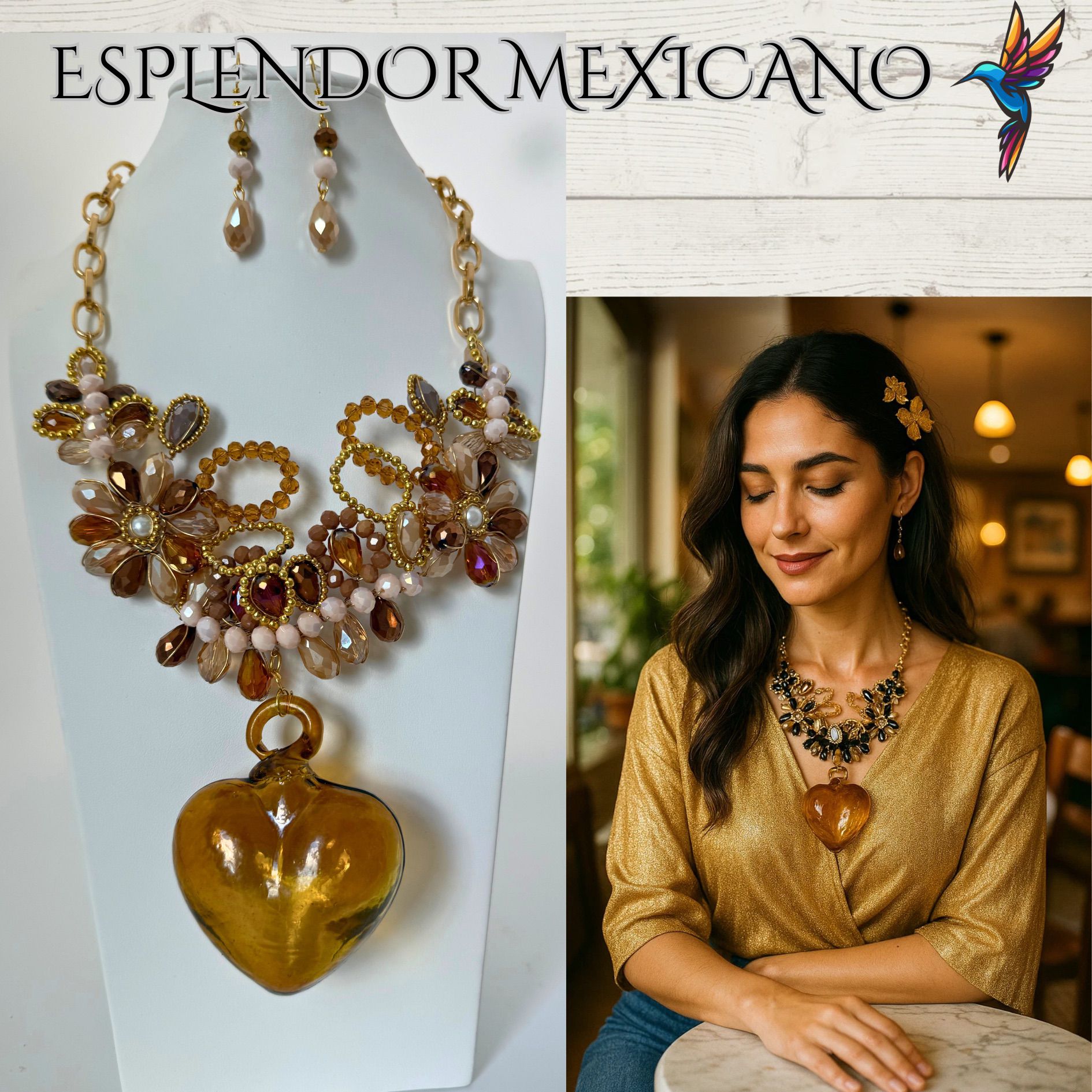 🤎✨ Brown Hand-Blown Glass Heart Necklace Set – Handmade in Mexico