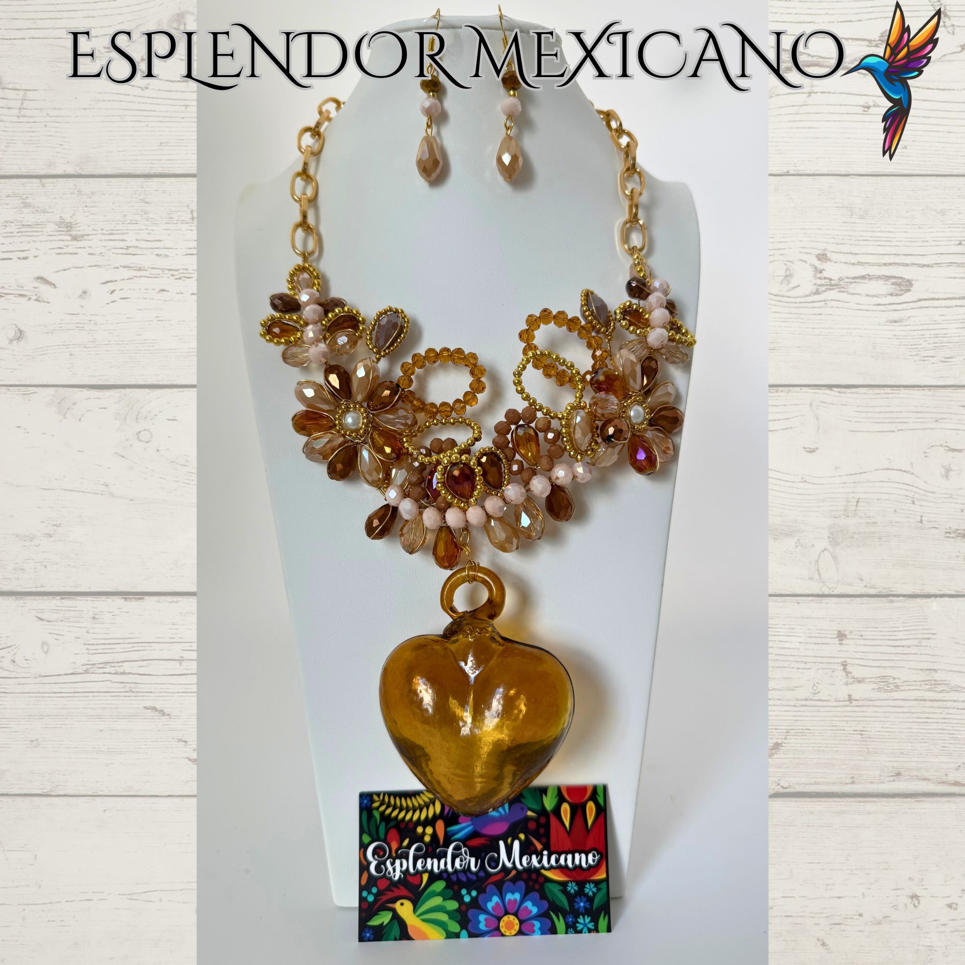 🤎✨ Brown Hand-Blown Glass Heart Necklace Set – Handmade in Mexico