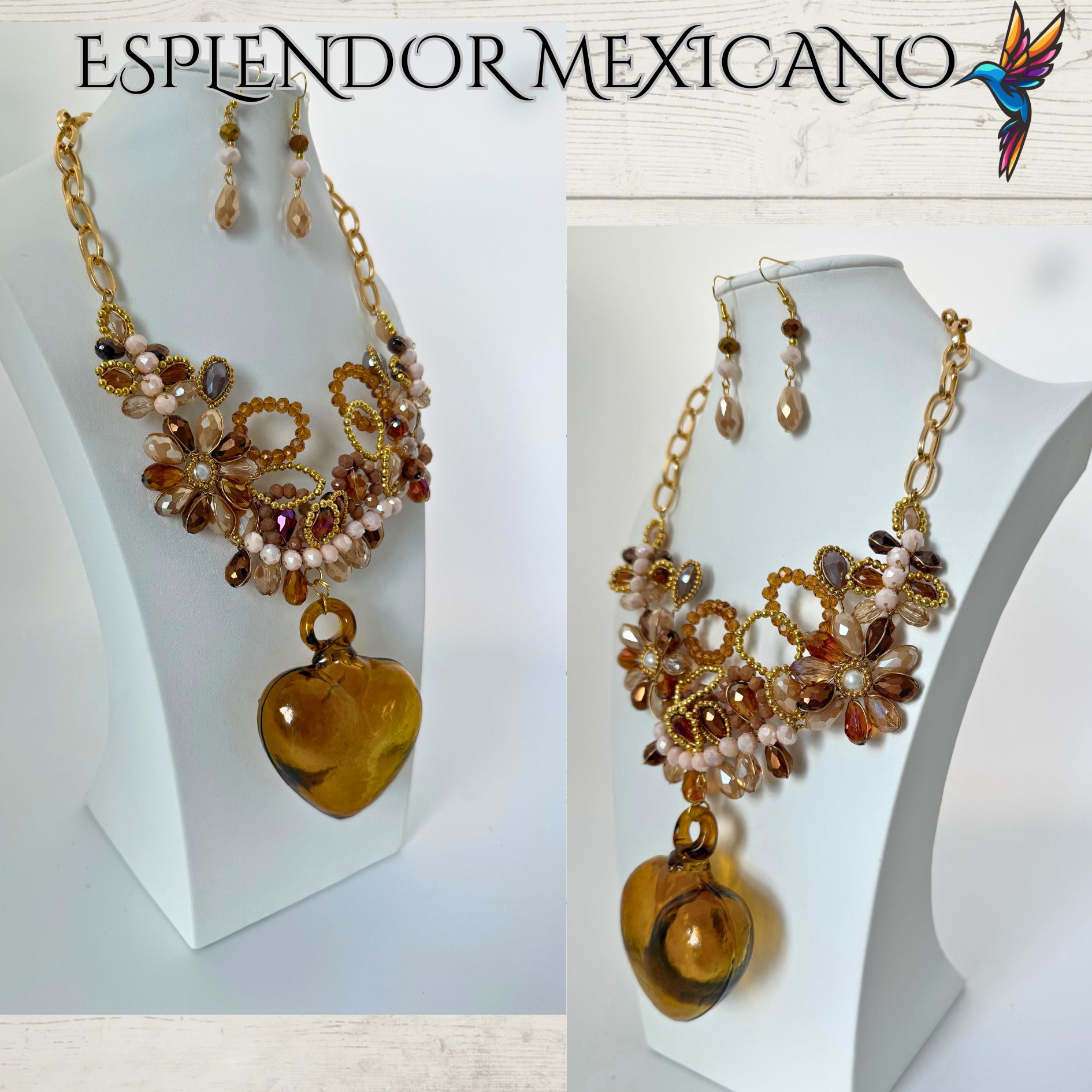 🤎✨ Brown Hand-Blown Glass Heart Necklace Set – Handmade in Mexico