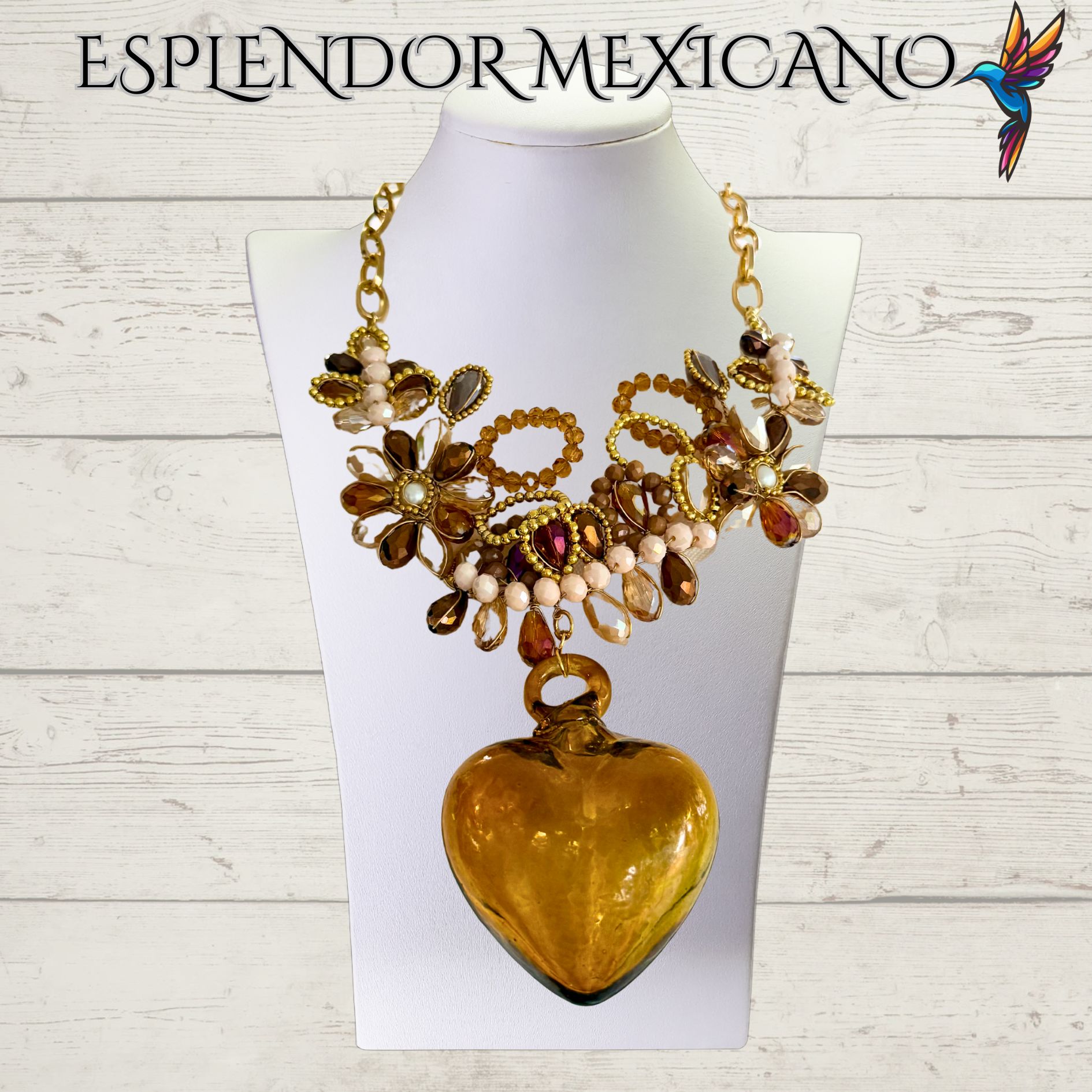 🤎✨ Brown Hand-Blown Glass Heart Necklace Set – Handmade in Mexico