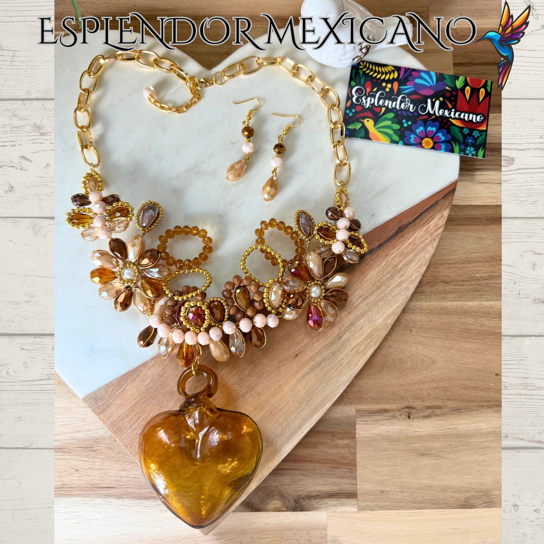 🤎✨ Brown Hand-Blown Glass Heart Necklace Set – Handmade in Mexico