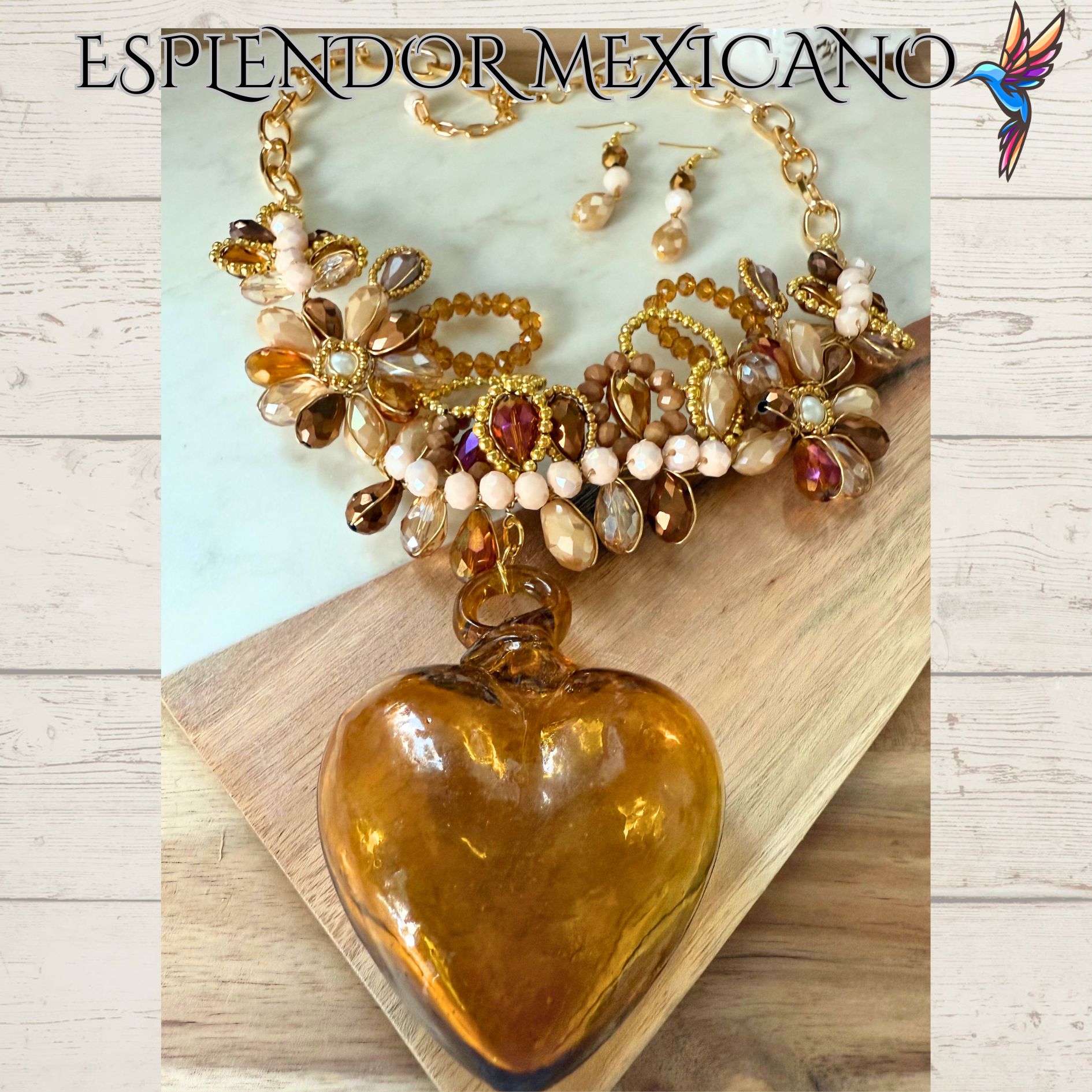 🤎✨ Brown Hand-Blown Glass Heart Necklace Set – Handmade in Mexico