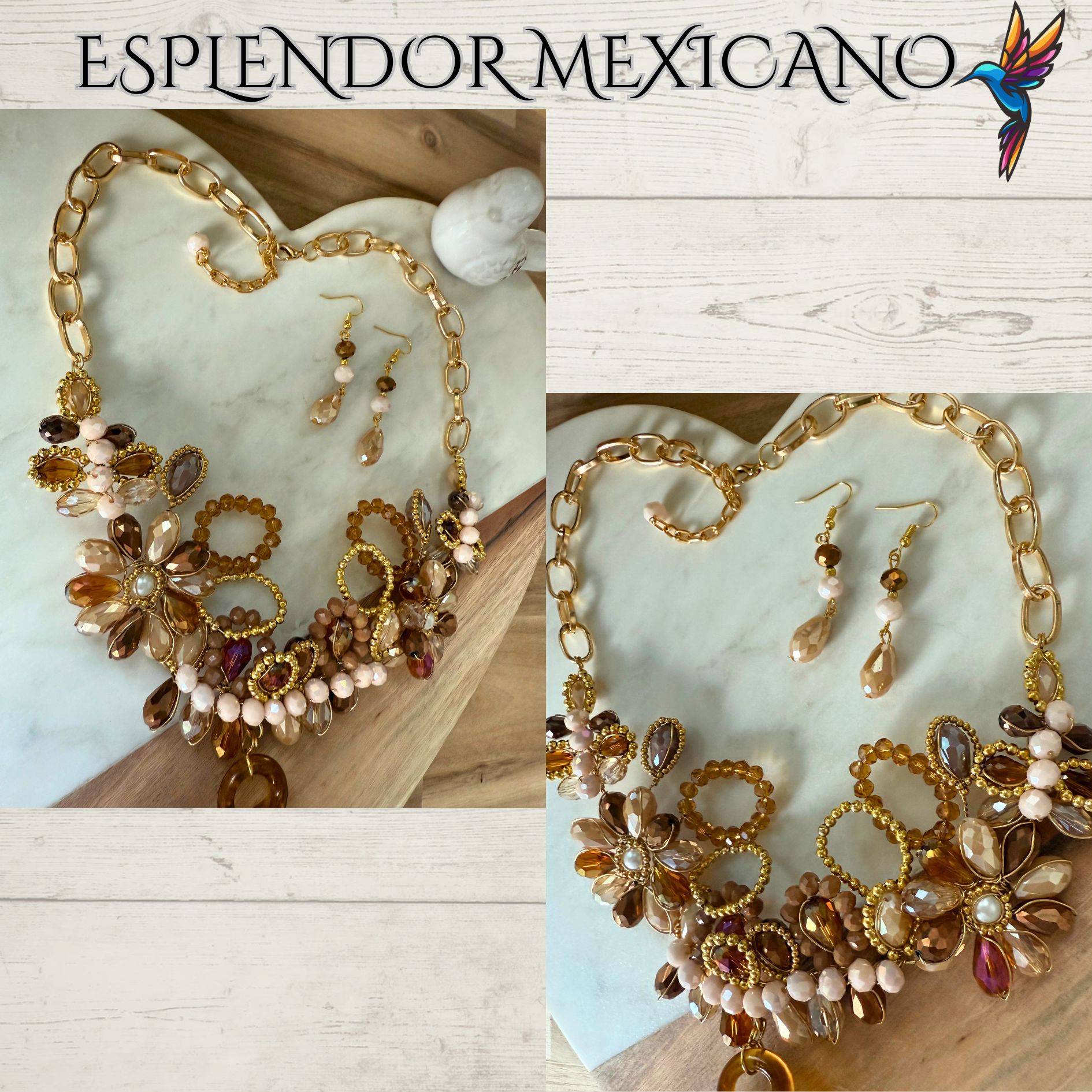🤎✨ Brown Hand-Blown Glass Heart Necklace Set – Handmade in Mexico