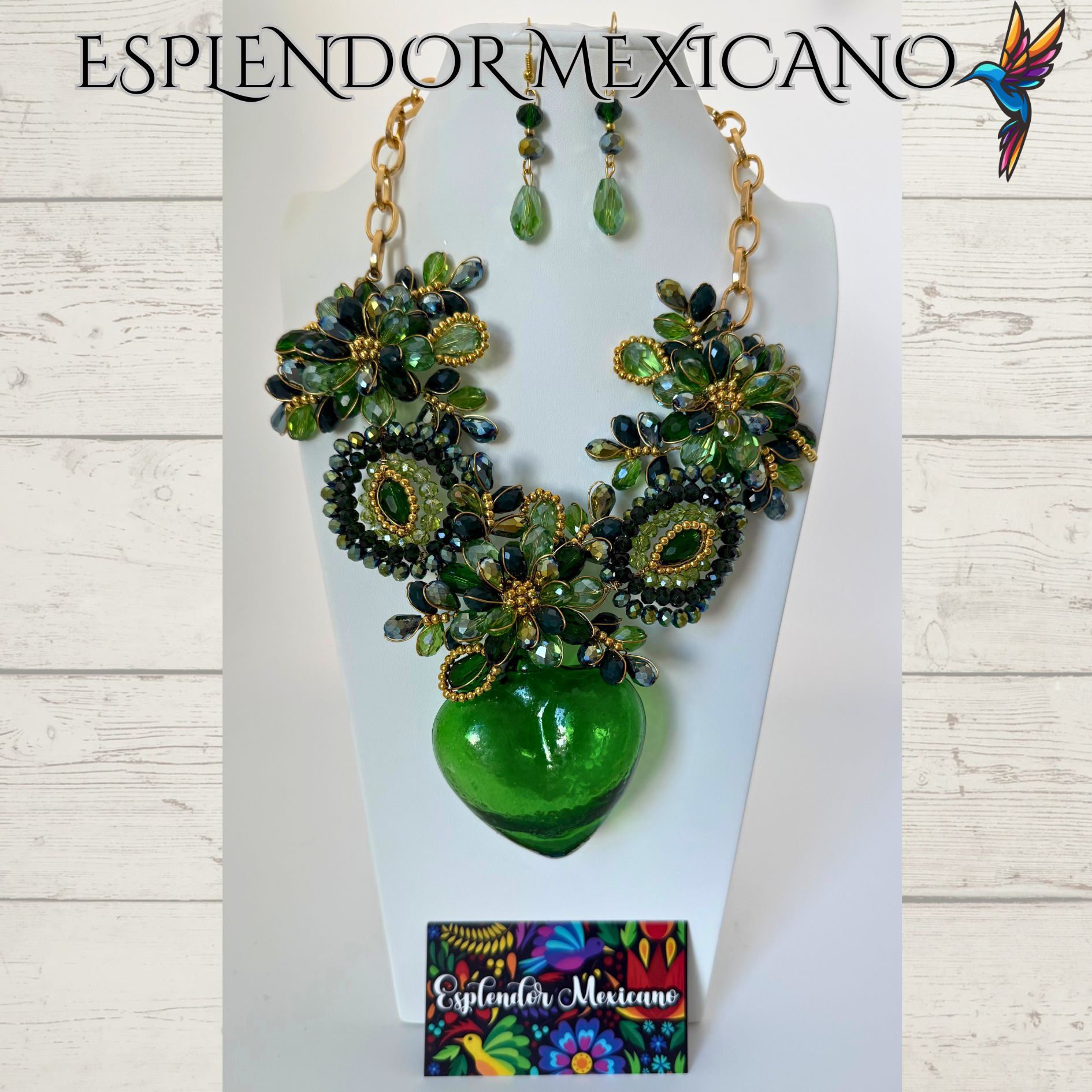 💚 Artisanal Green Hand-Blown Glass Heart Necklace Set – Handmade in Mexico