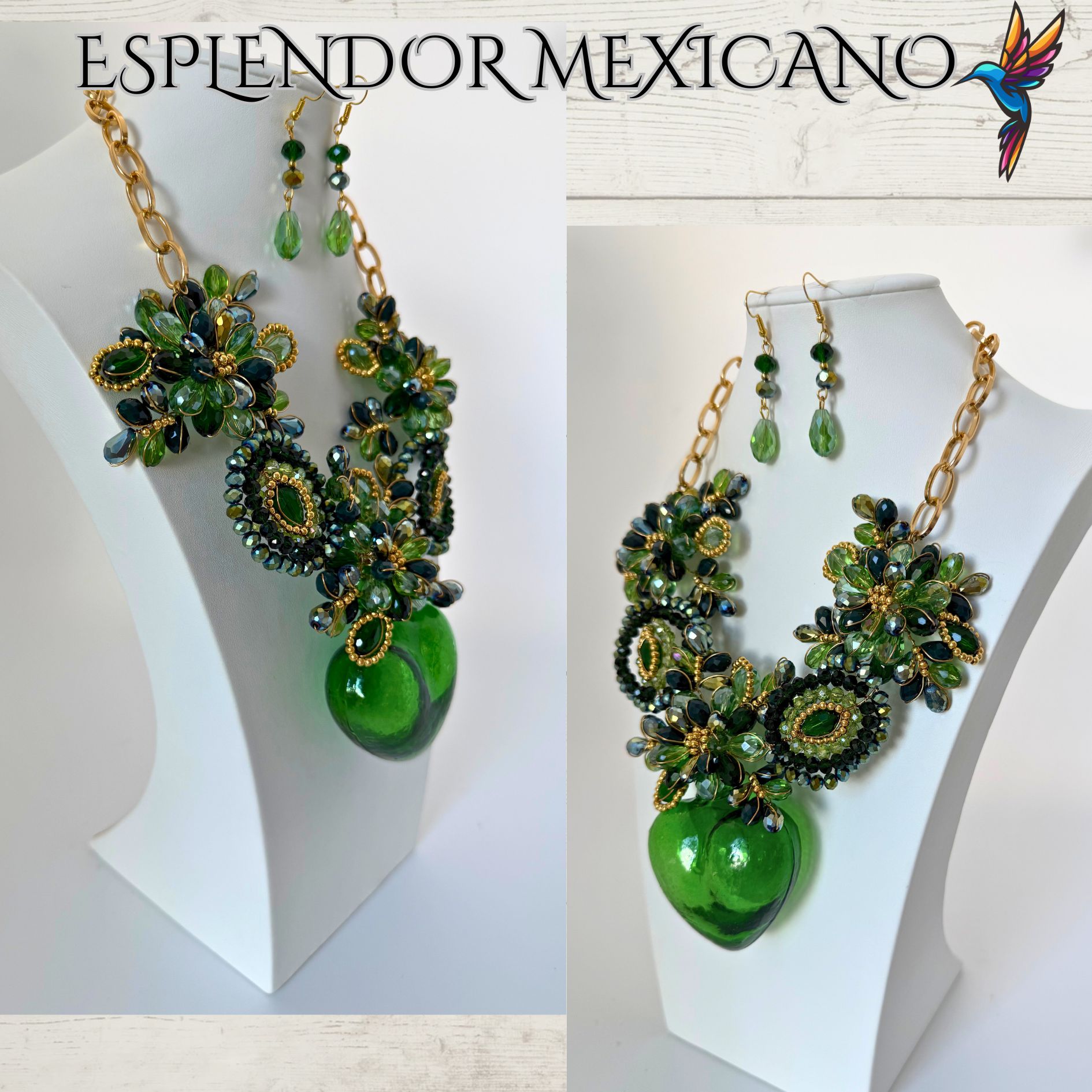 💚 Artisanal Green Hand-Blown Glass Heart Necklace Set – Handmade in Mexico