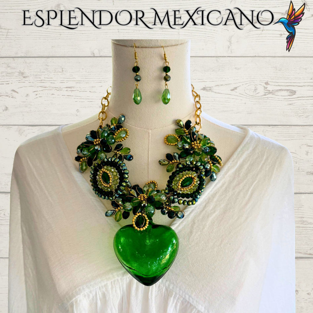 💚 Artisanal Green Hand-Blown Glass Heart Necklace Set – Handmade in Mexico
