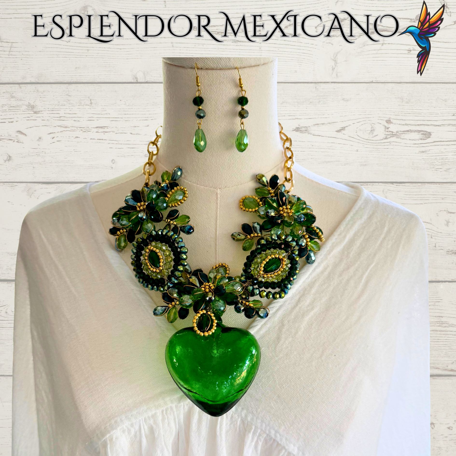 💚 Artisanal Green Hand-Blown Glass Heart Necklace Set – Handmade in Mexico