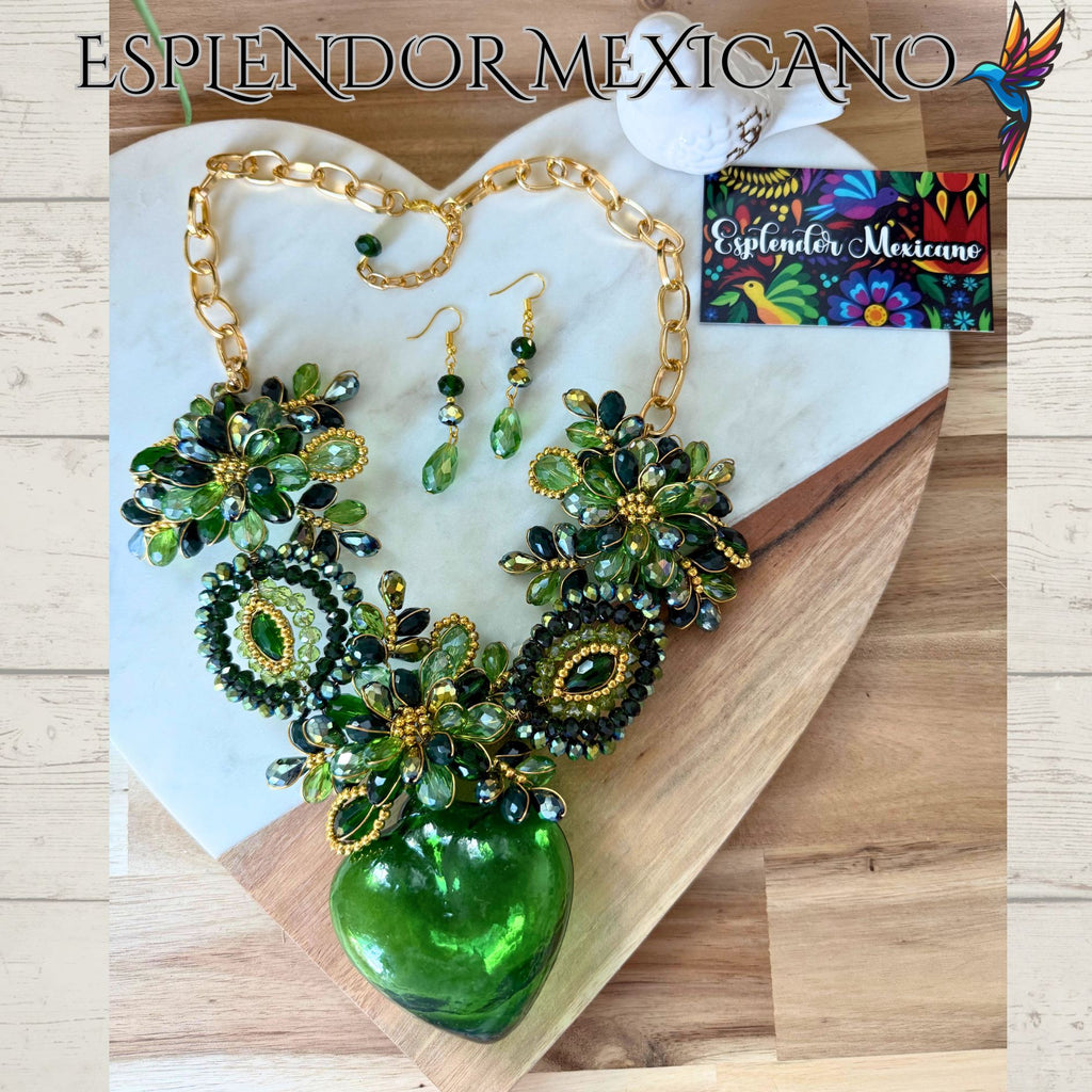 💚 Artisanal Green Hand-Blown Glass Heart Necklace Set – Handmade in Mexico