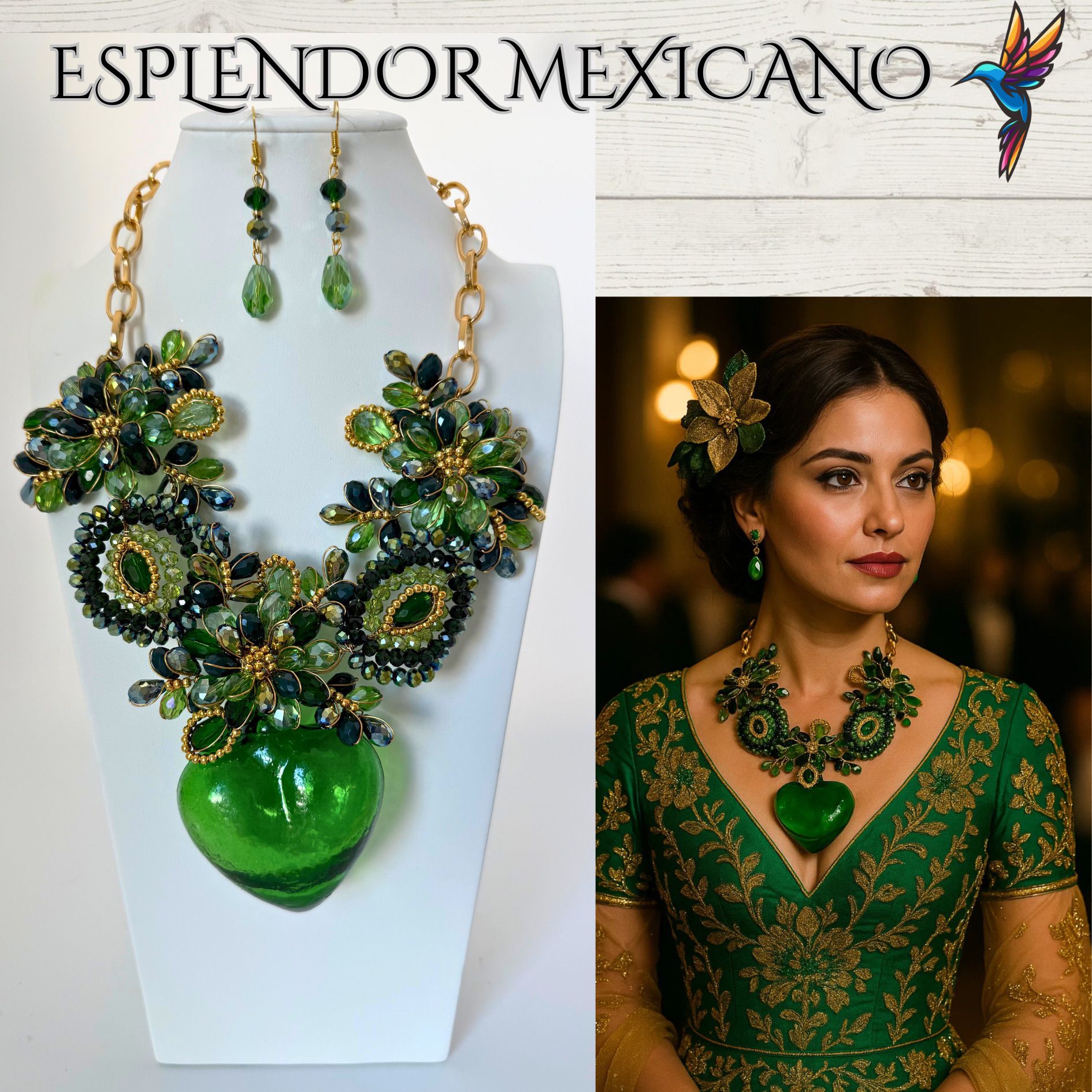 💚 Artisanal Green Hand-Blown Glass Heart Necklace Set – Handmade in Mexico