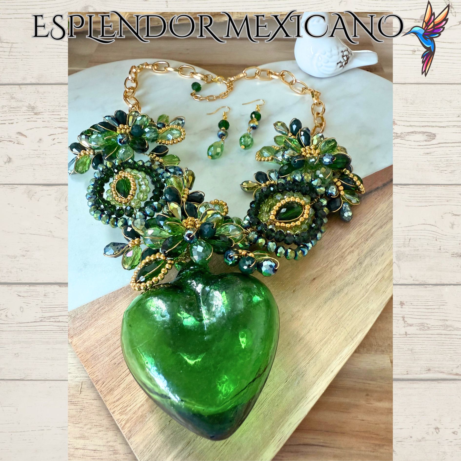 💚 Artisanal Green Hand-Blown Glass Heart Necklace Set – Handmade in Mexico
