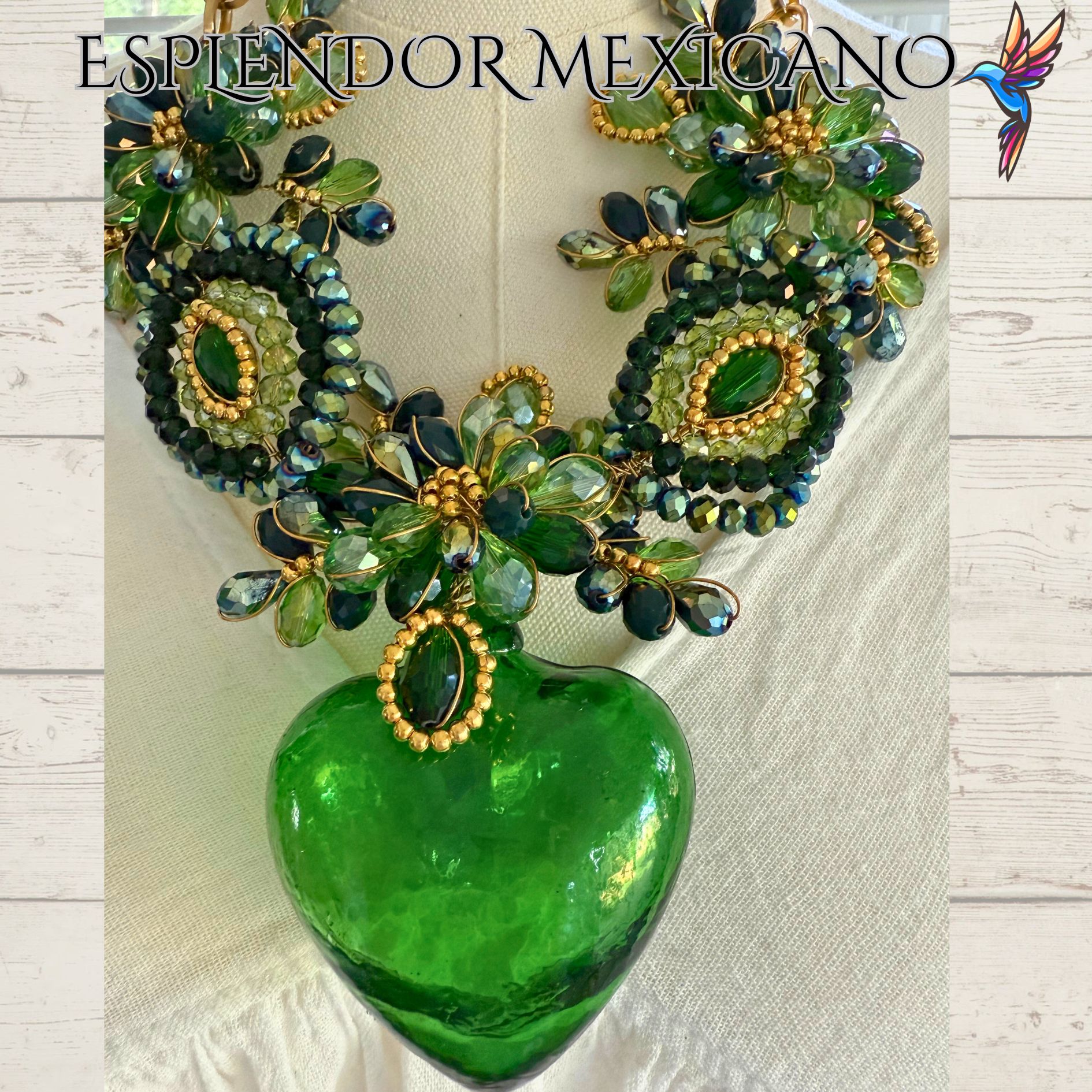 💚 Artisanal Green Hand-Blown Glass Heart Necklace Set – Handmade in Mexico