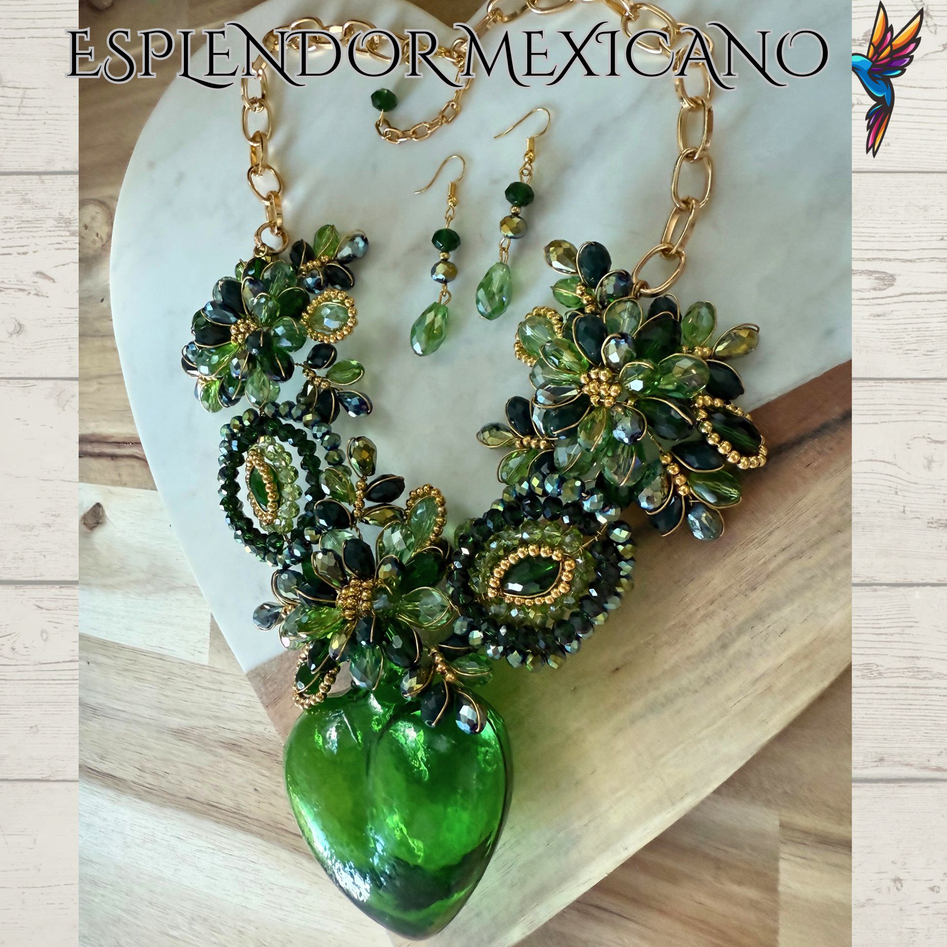 💚 Artisanal Green Hand-Blown Glass Heart Necklace Set – Handmade in Mexico