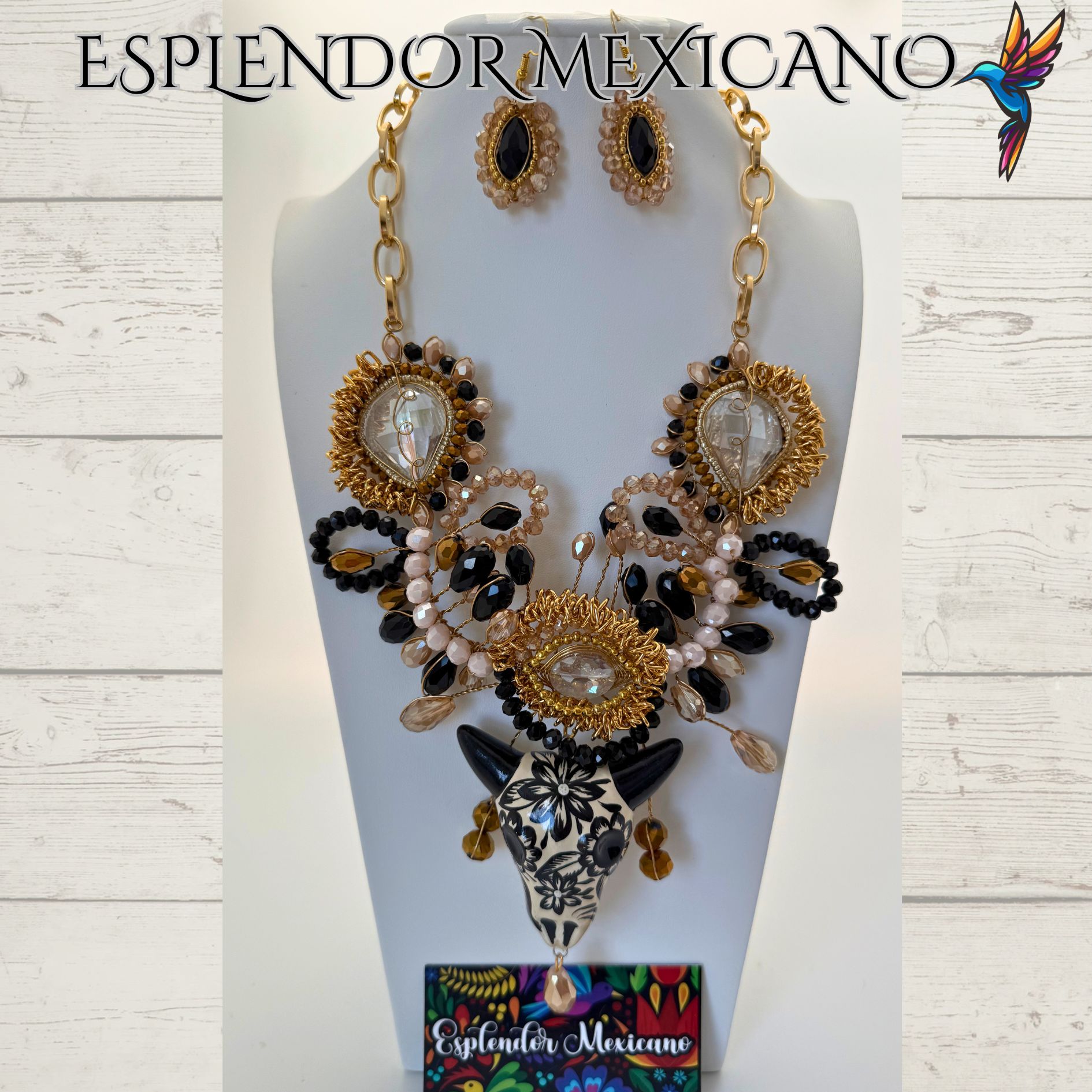 🖤🤍 Hand-Painted Ceramic Skull Necklace Set – Handmade in Mexico