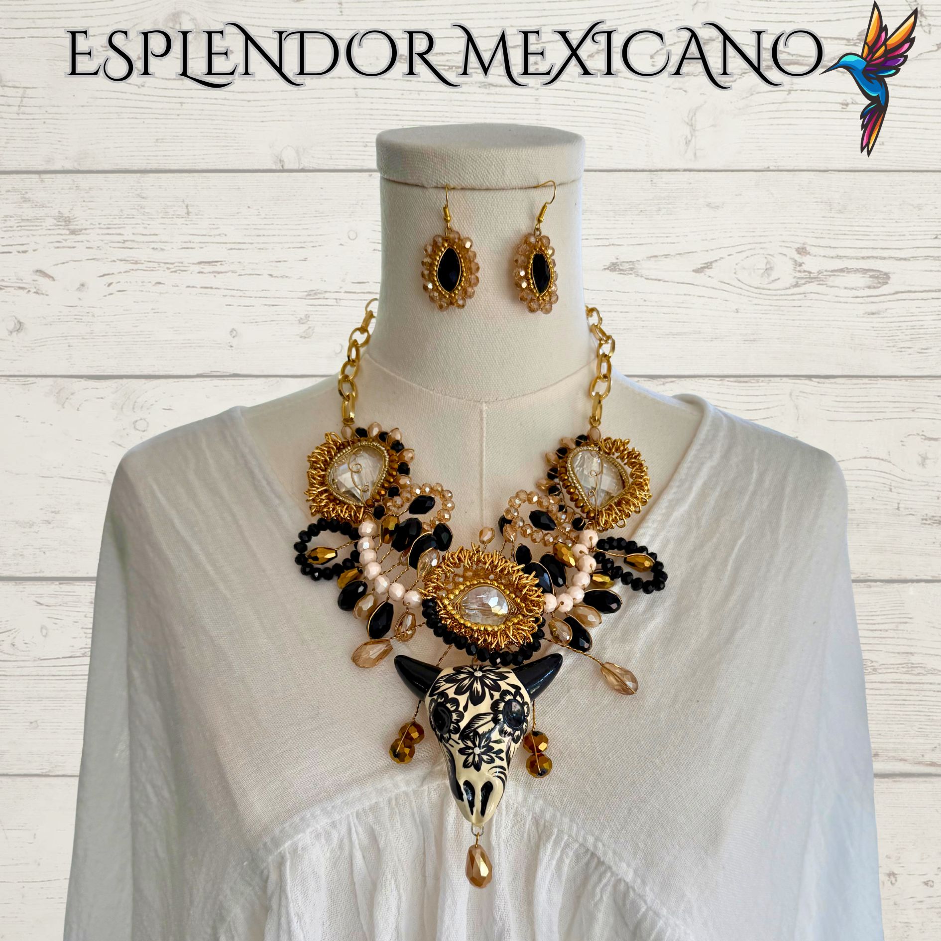 🖤🤍 Hand-Painted Ceramic Skull Necklace Set – Handmade in Mexico