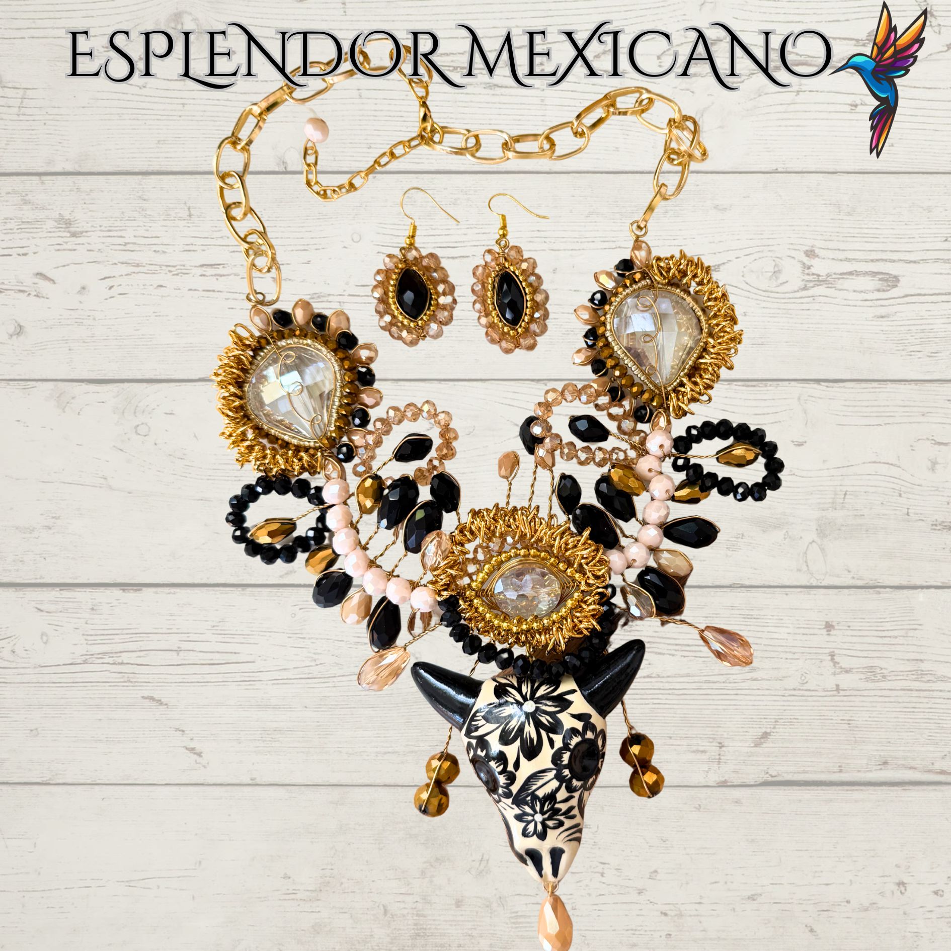 🖤🤍 Hand-Painted Ceramic Skull Necklace Set – Handmade in Mexico