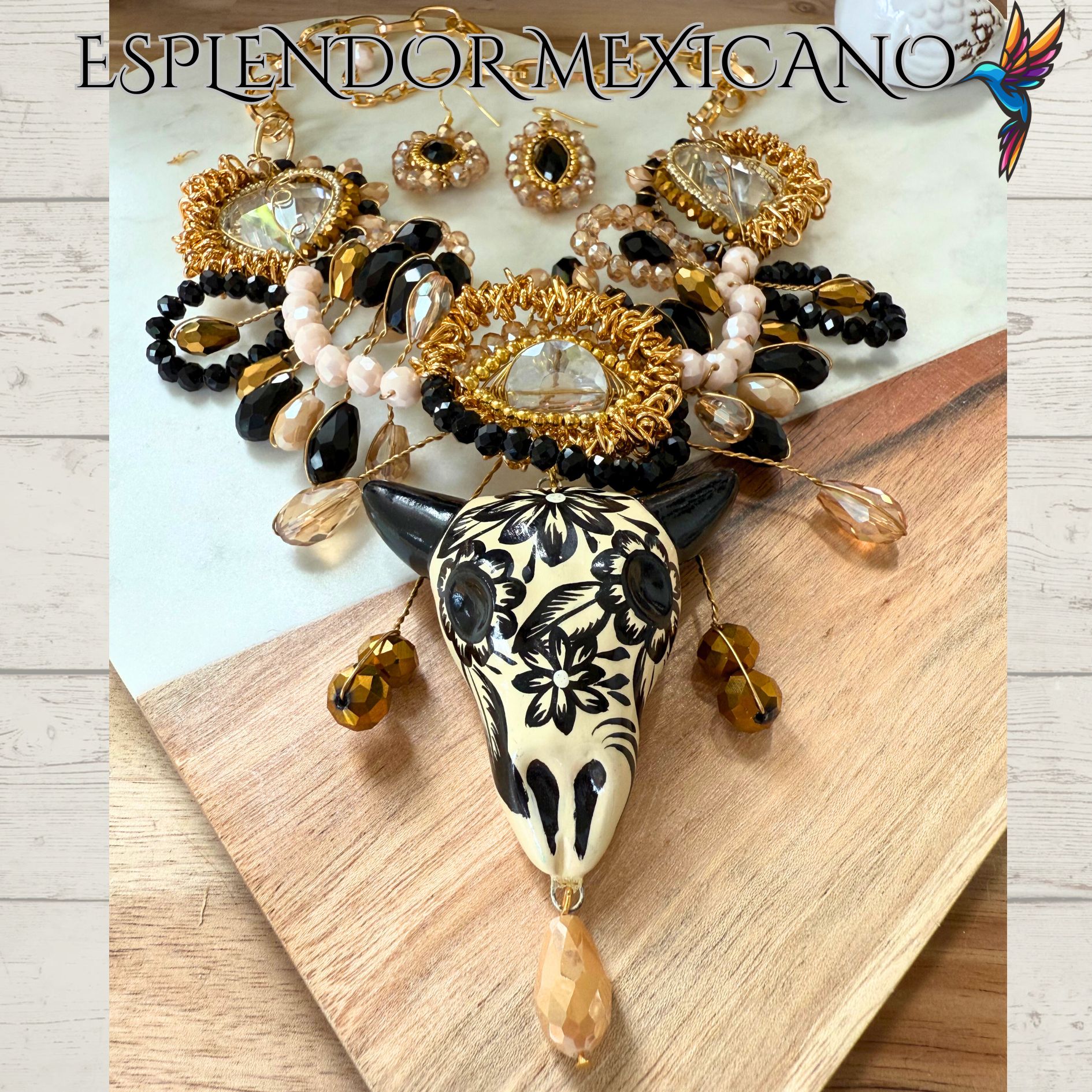 🖤🤍 Hand-Painted Ceramic Skull Necklace Set – Handmade in Mexico