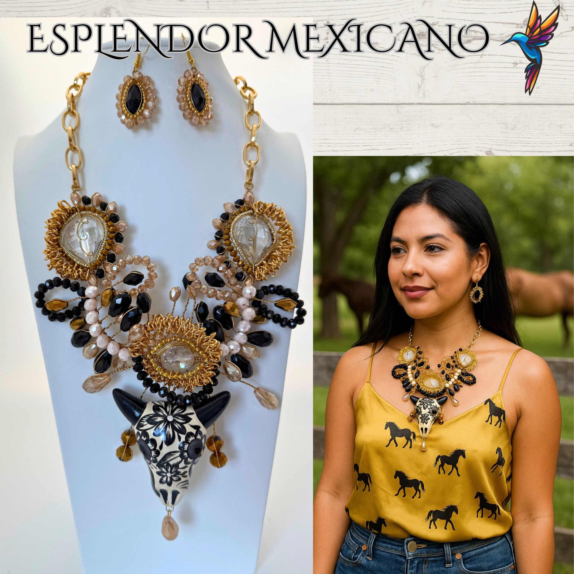 🖤🤍 Hand-Painted Ceramic Skull Necklace Set – Handmade in Mexico