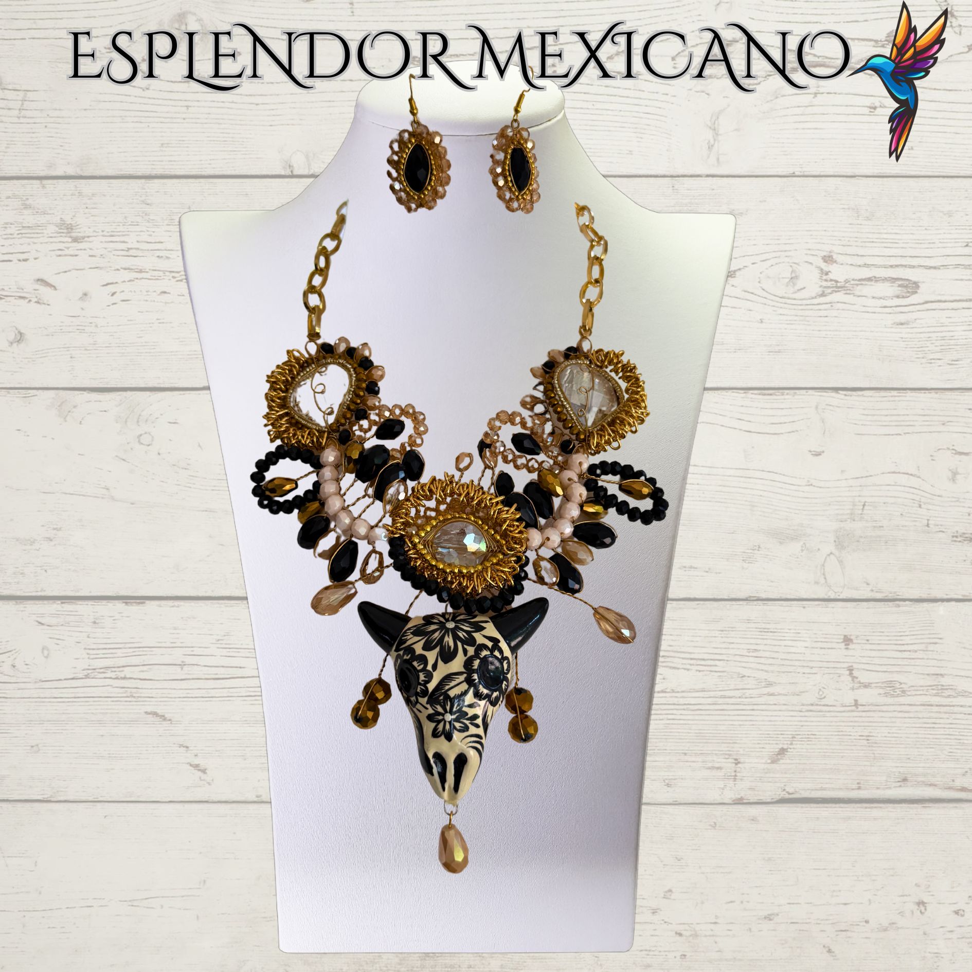 🖤🤍 Hand-Painted Ceramic Skull Necklace Set – Handmade in Mexico