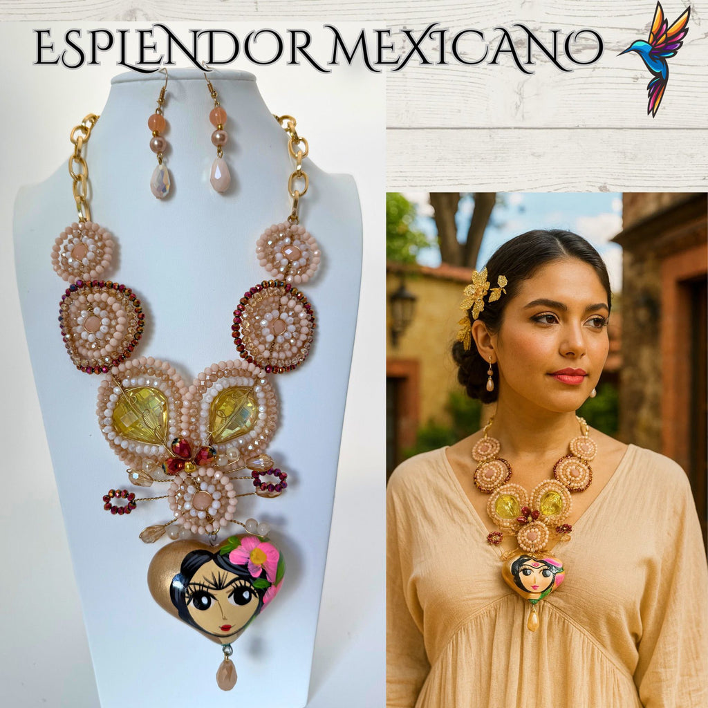 🩷🧡🤍 Frida Heart Necklace Set – Handmade in Mexico