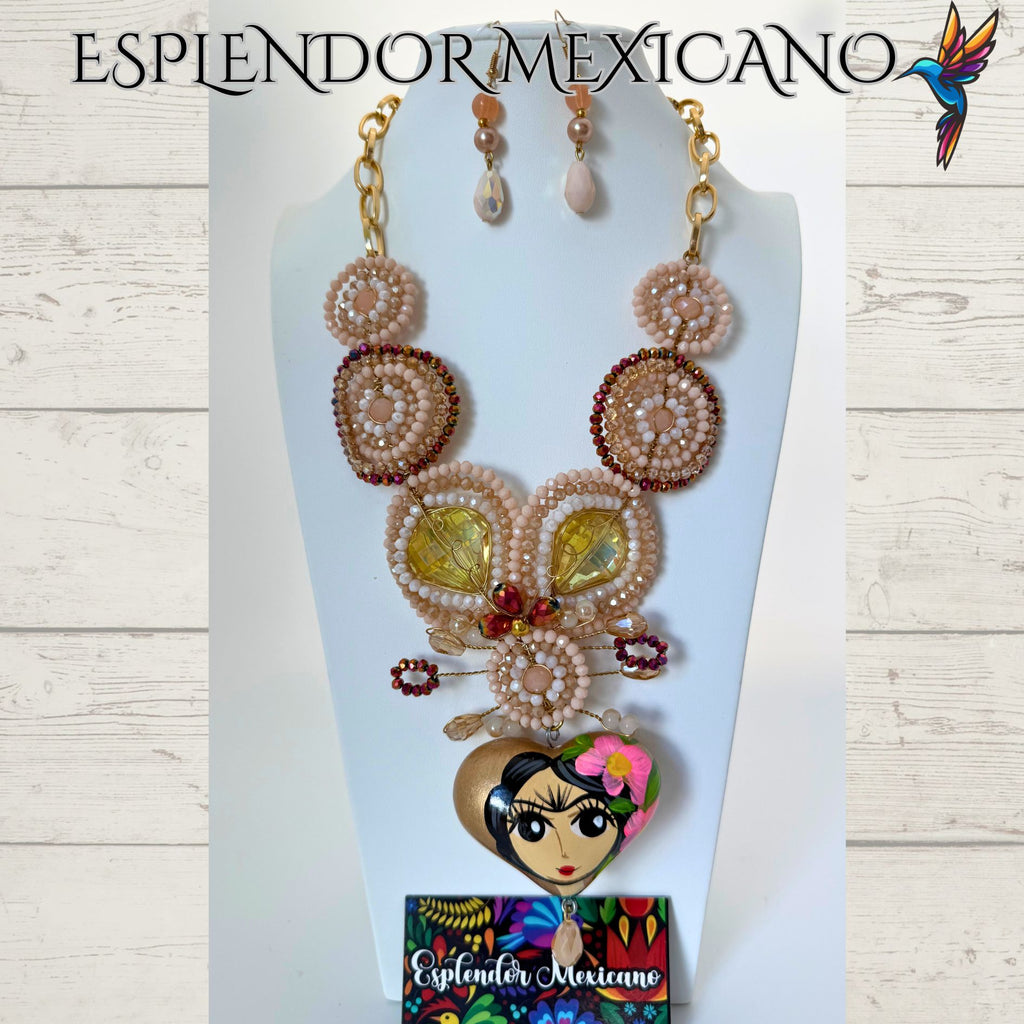 🩷🧡🤍 Frida Heart Necklace Set – Handmade in Mexico