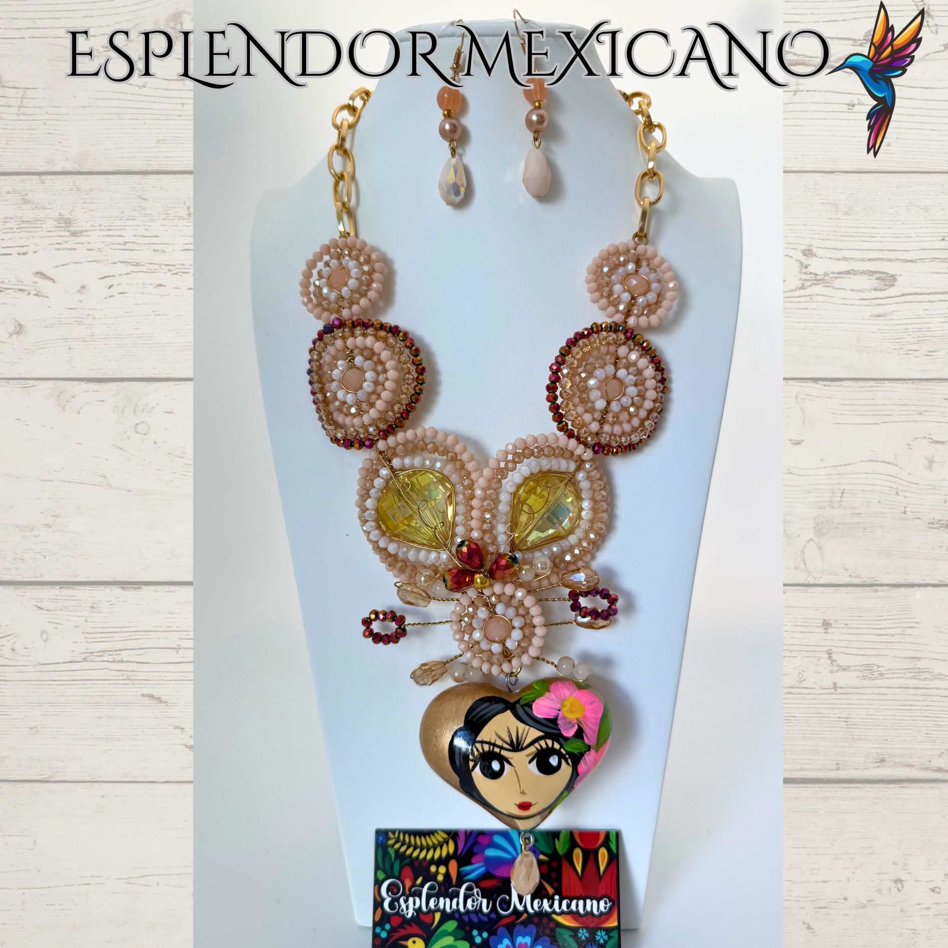 🩷🧡🤍 Frida Heart Necklace Set – Handmade in Mexico