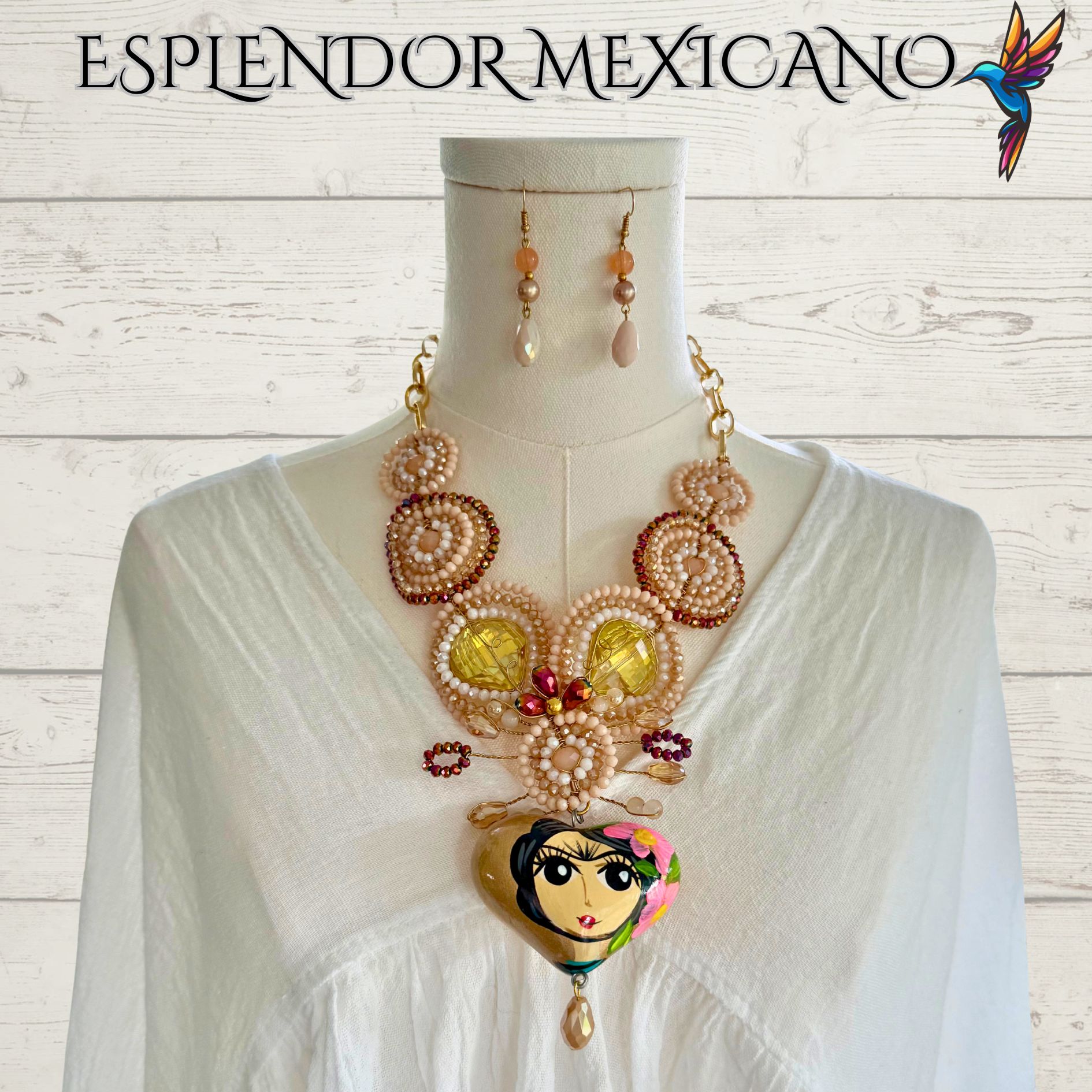 🩷🧡🤍 Frida Heart Necklace Set – Handmade in Mexico