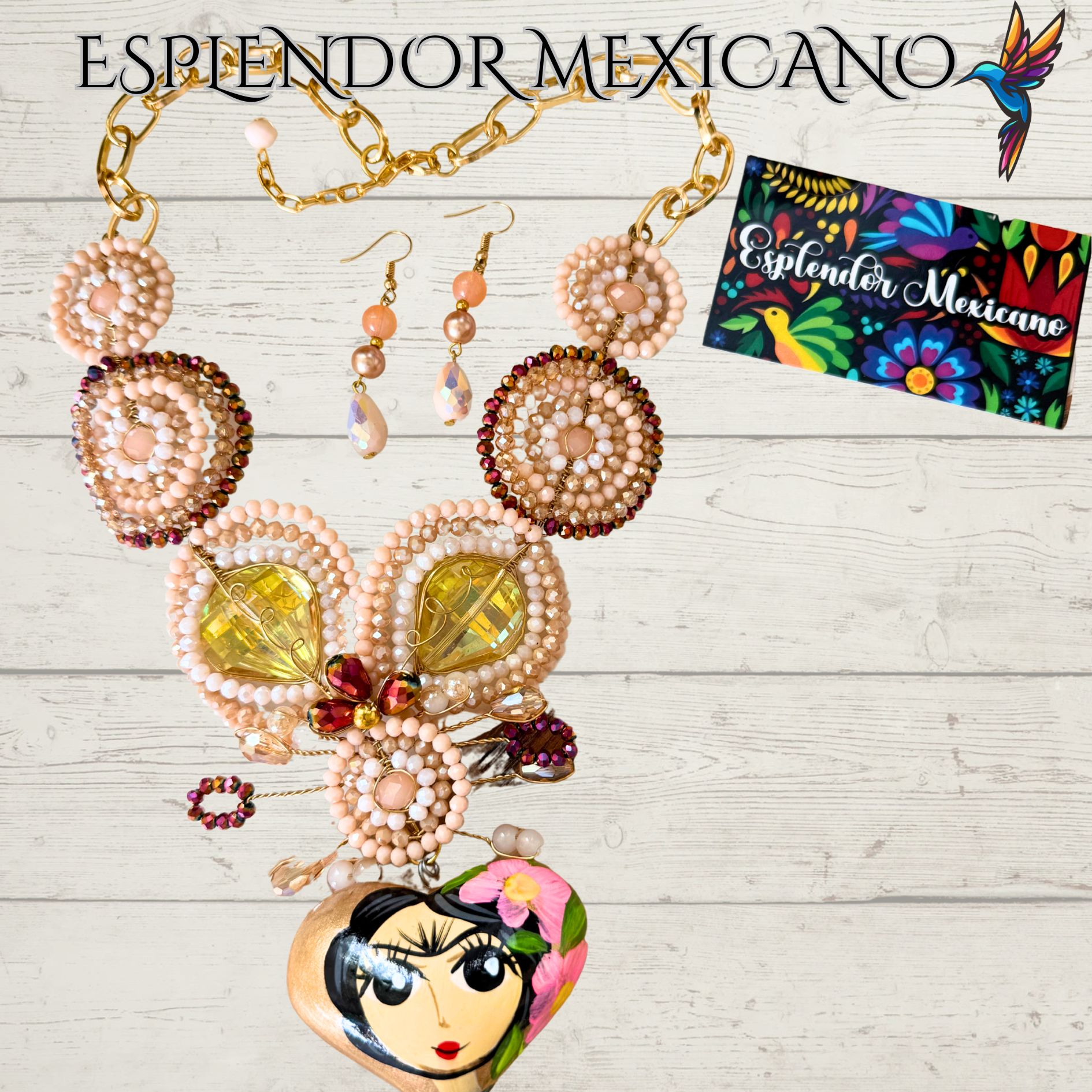 🩷🧡🤍 Frida Heart Necklace Set – Handmade in Mexico