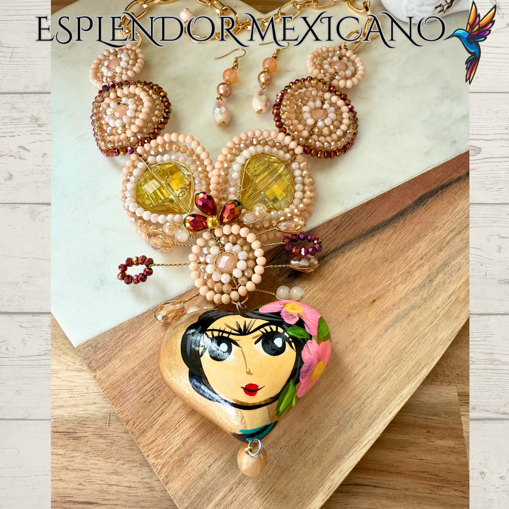 🩷🧡🤍 Frida Heart Necklace Set – Handmade in Mexico