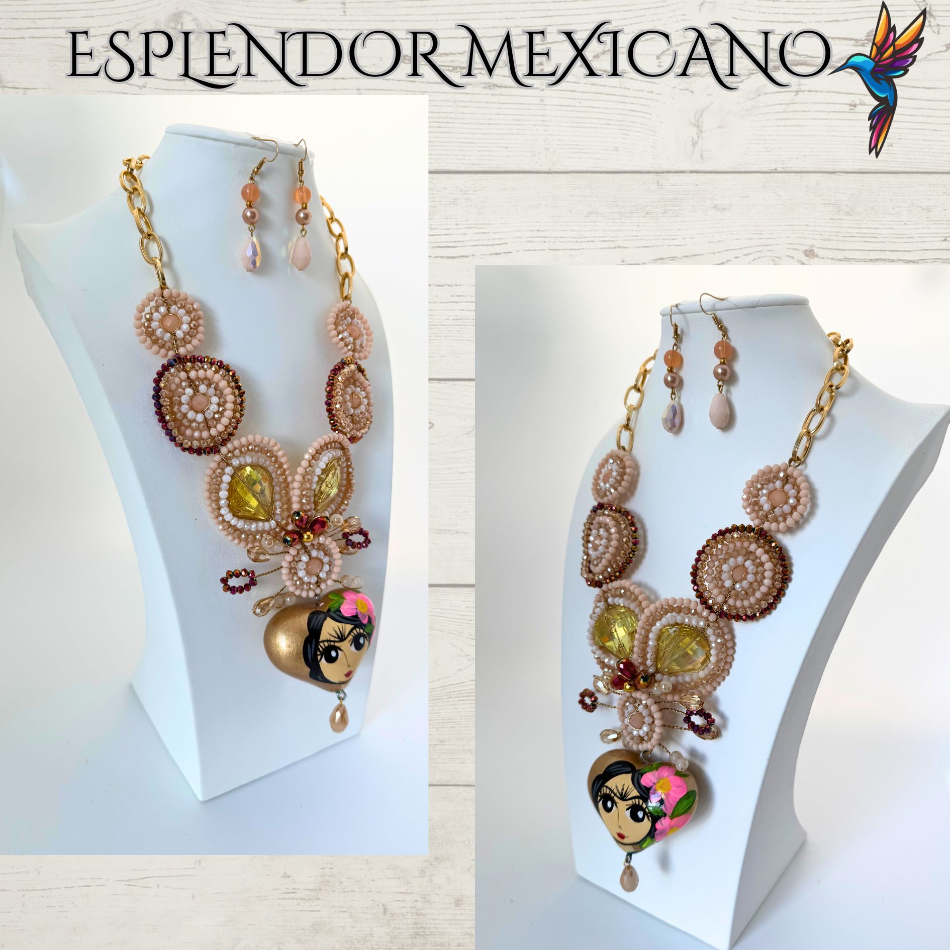 🩷🧡🤍 Frida Heart Necklace Set – Handmade in Mexico