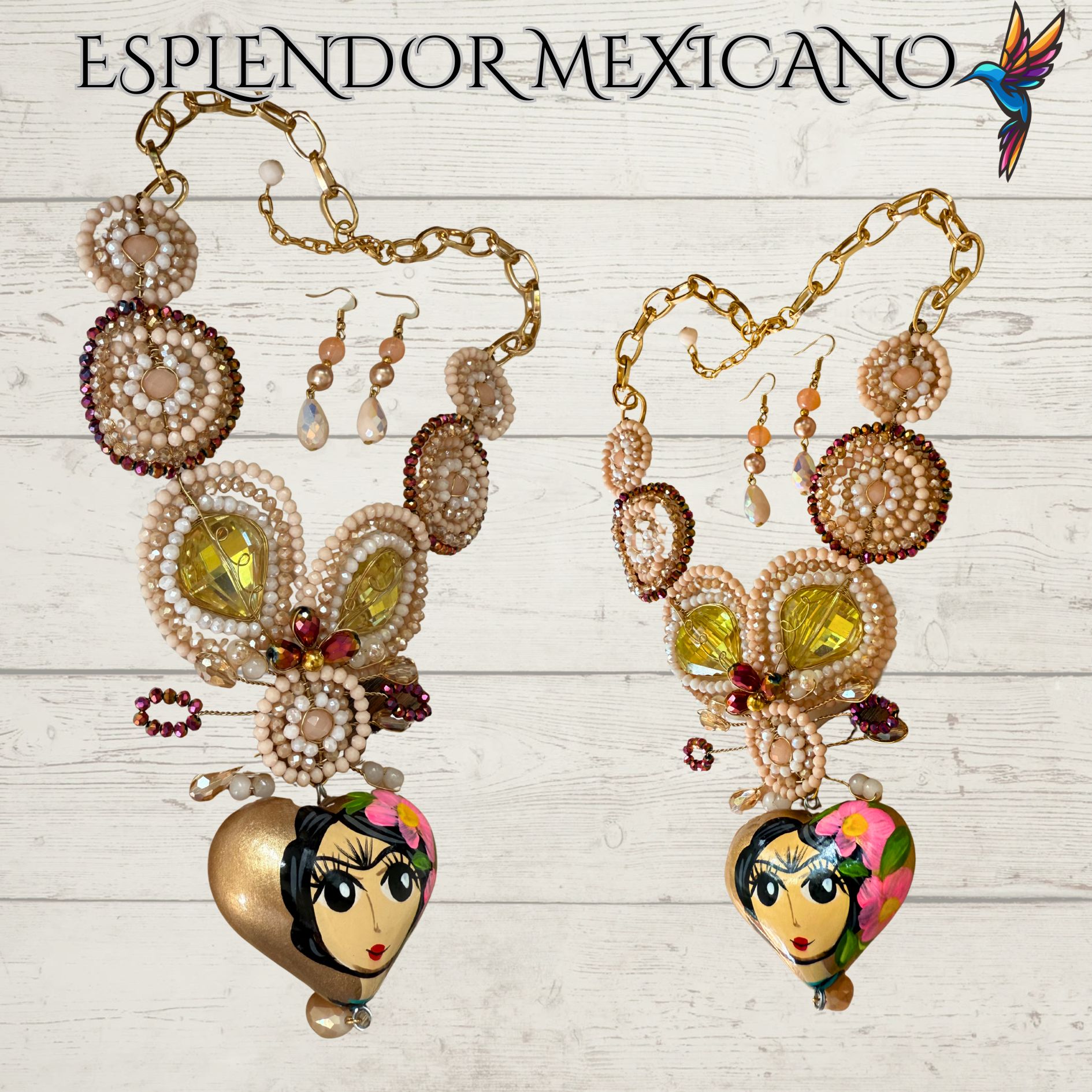 🩷🧡🤍 Frida Heart Necklace Set – Handmade in Mexico