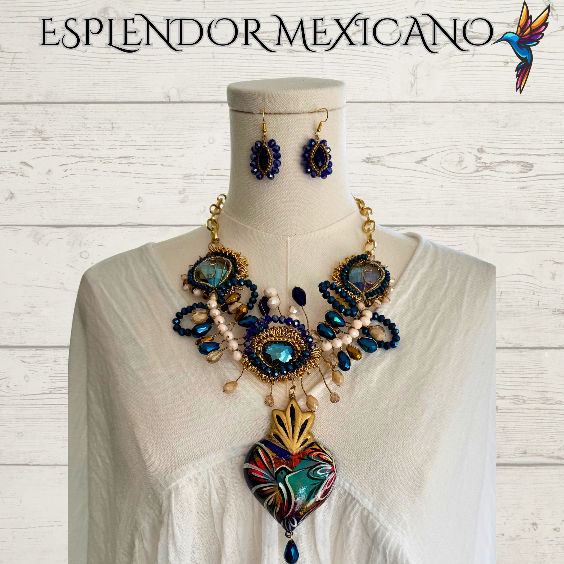 💙✨ Hummingbird Heart Necklace Set – Handmade in Mexico